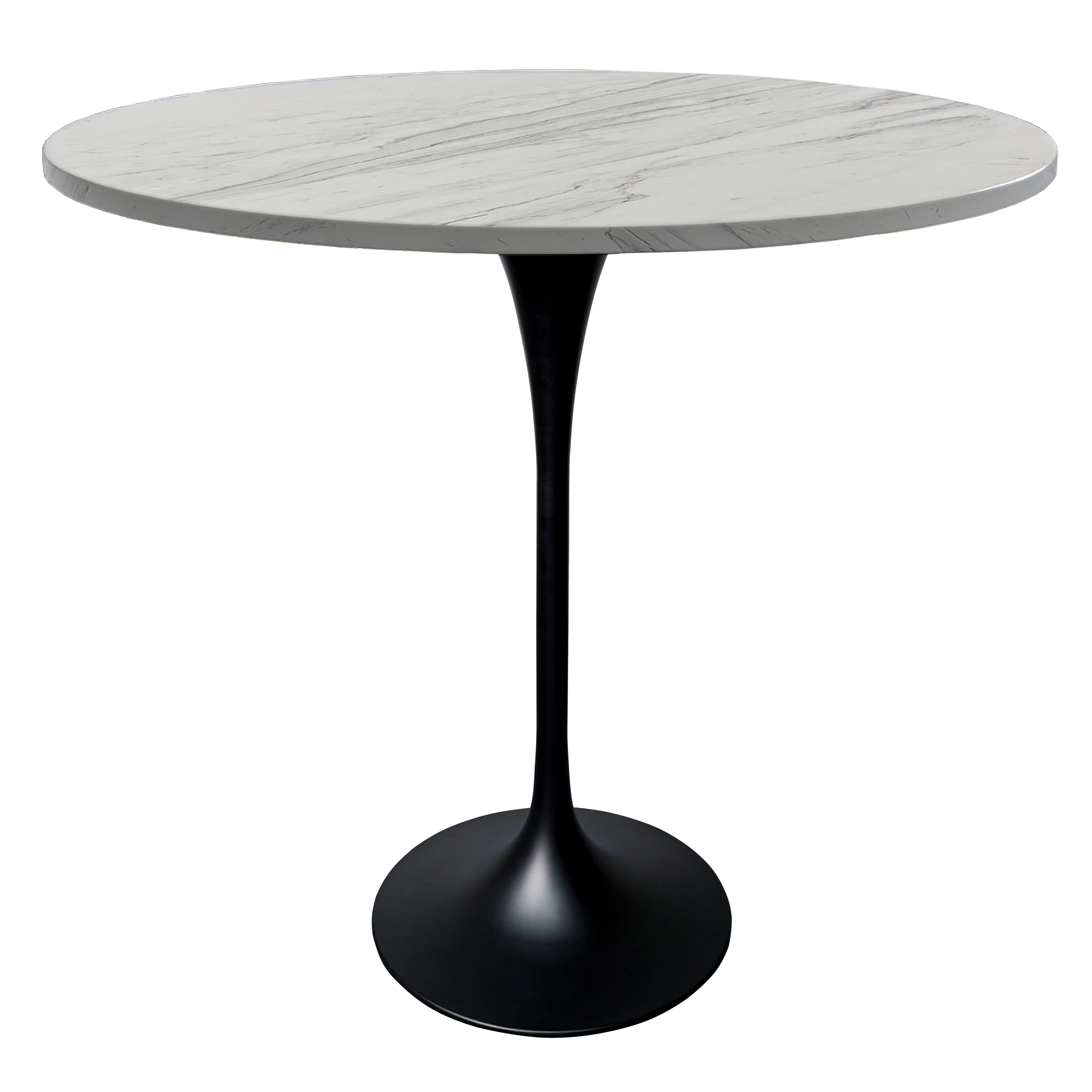 Verve Collection Modern Bar Height Table Black Base with 48" Round Marbleized White Laminated Top