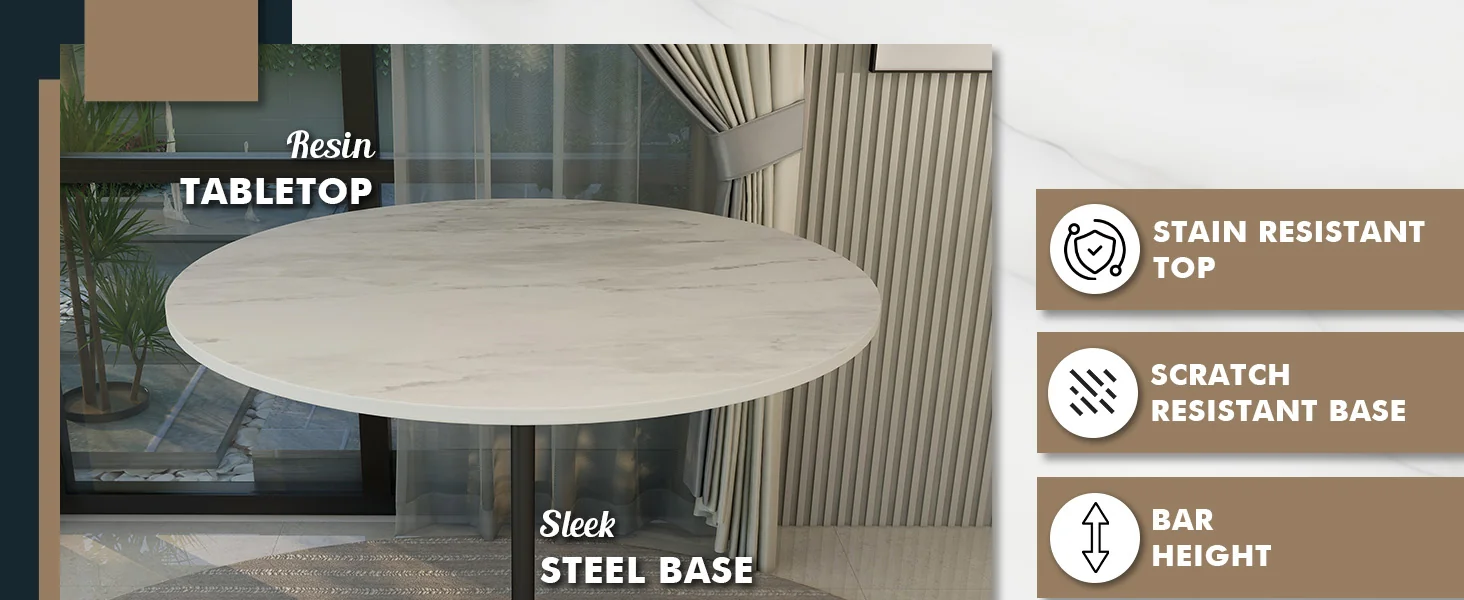 Verve Collection Modern Bar Height Table Black Base with 48" Round Marbleized White Laminated Top