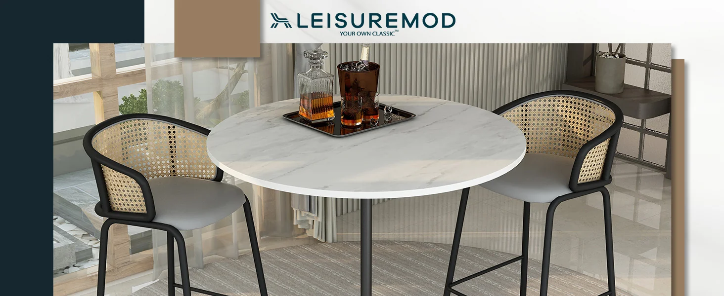 Verve Collection Modern Bar Height Table Black Base with 48" Round Marbleized White Laminated Top