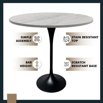 Verve Collection Modern Bar Height Table Black Base with 48" Round Marbleized White Laminated Top