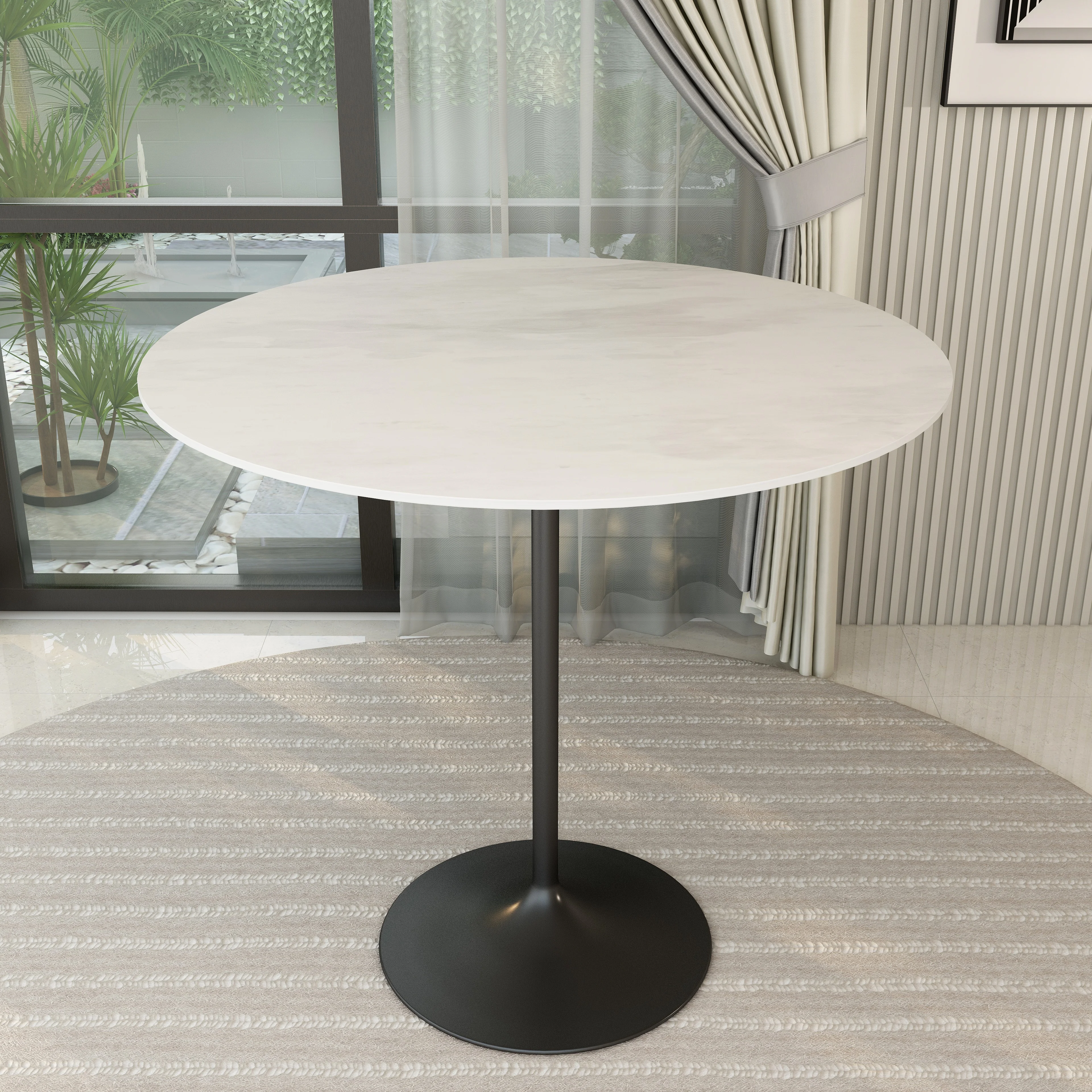 Verve Collection Modern Bar Height Table Black Base with 48" Round Marble White Sintered Stone Top