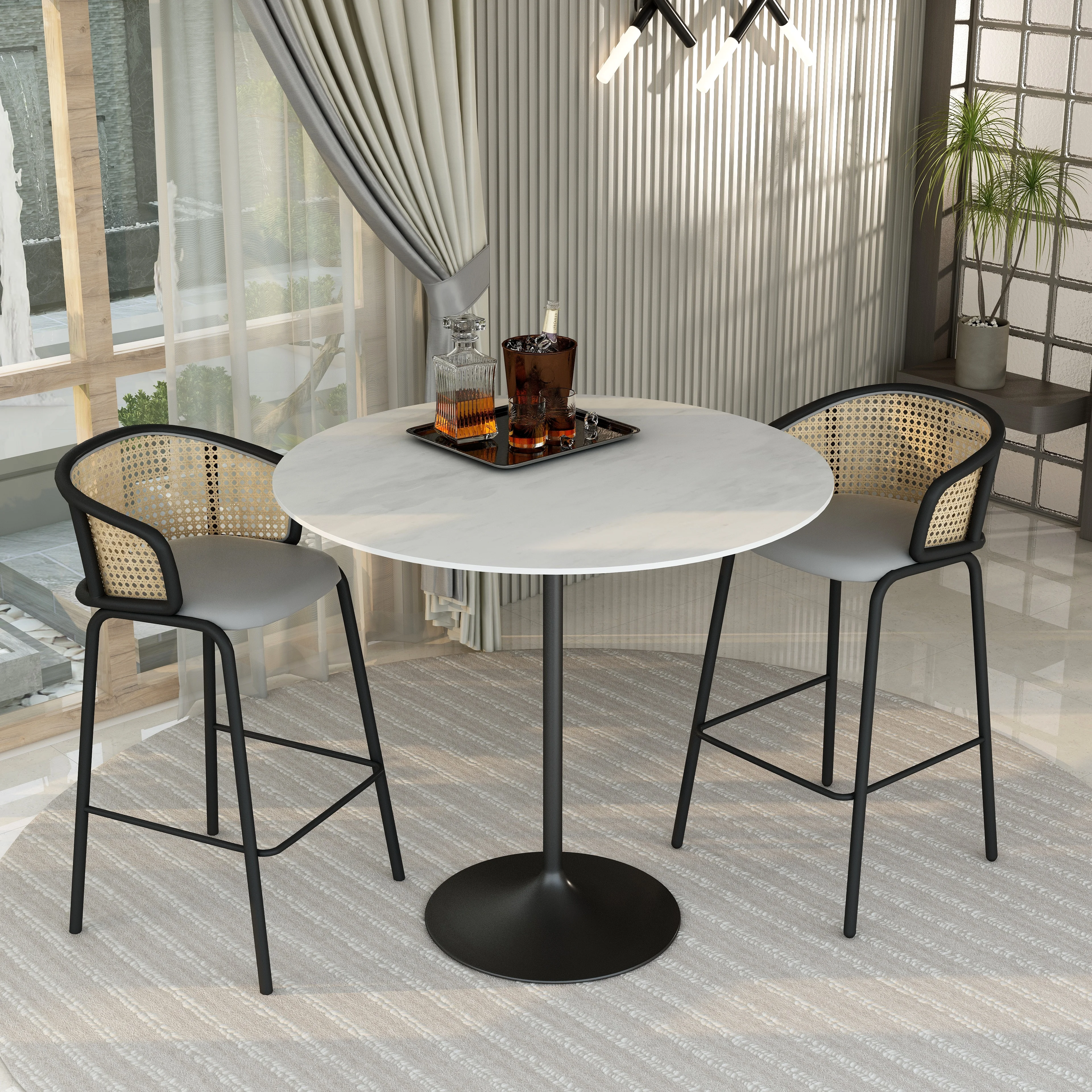 Verve Collection Modern Bar Height Table Black Base with 48" Round Marble White Sintered Stone Top