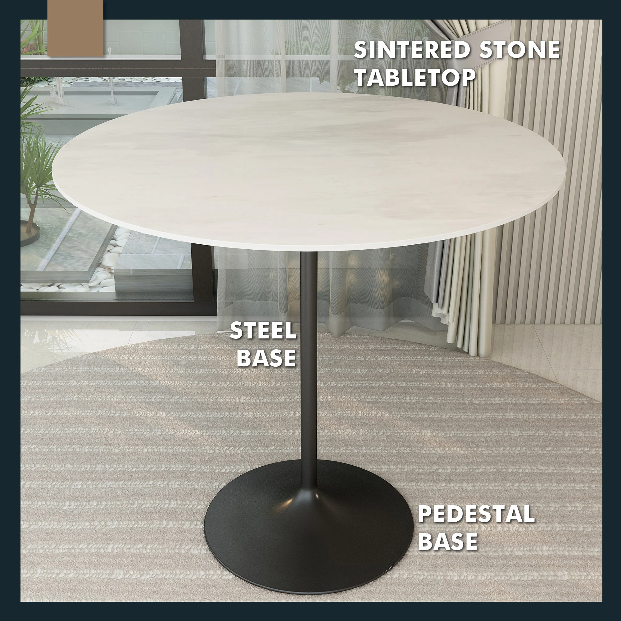 Verve Collection Modern Bar Height Table Black Base with 48" Round Marble White Sintered Stone Top