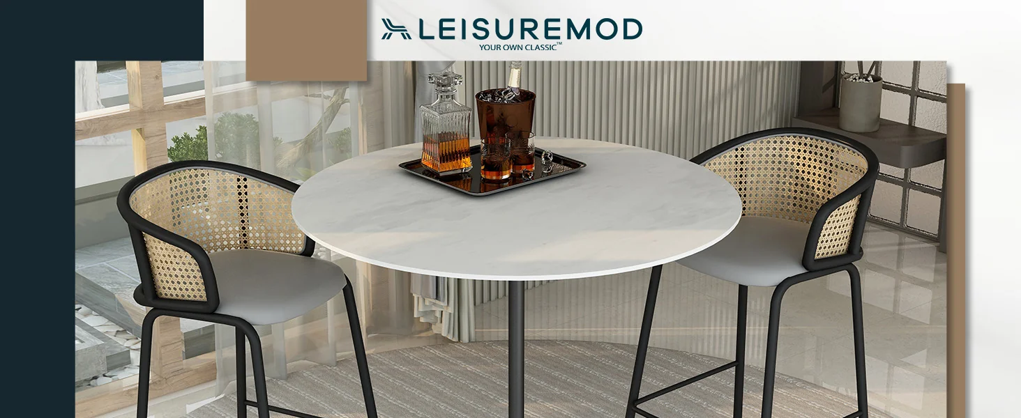 Verve Collection Modern Bar Height Table Black Base with 48" Round Marble White Sintered Stone Top