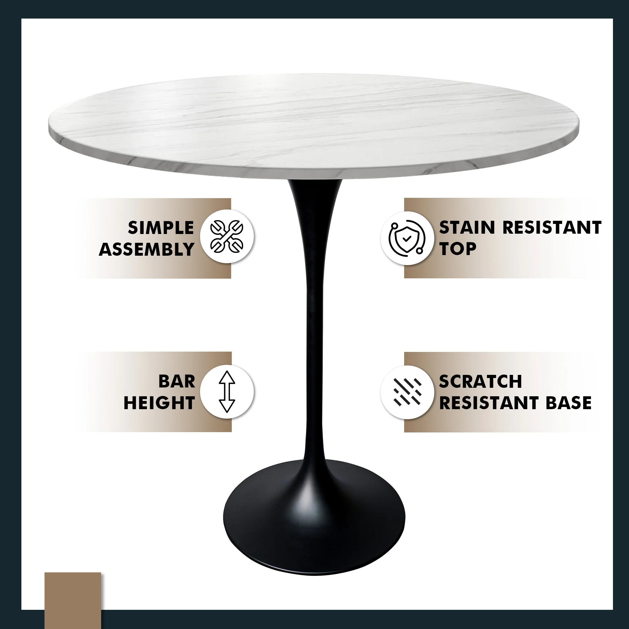 Verve Collection Modern Bar Height Table Black Base with 48" Round Marble White Sintered Stone Top