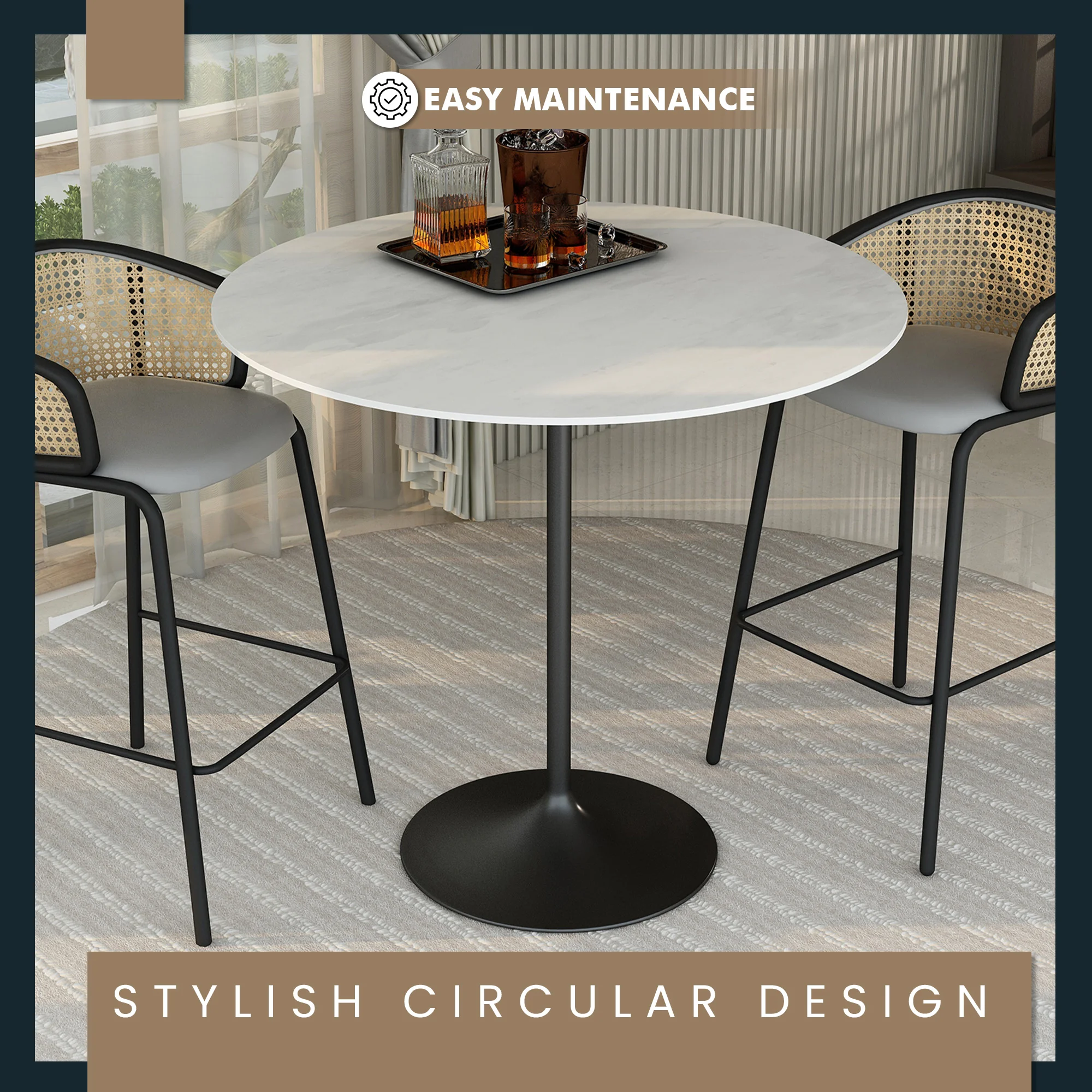 Verve Collection Modern Bar Height Table Black Base with 48" Round Marble White Sintered Stone Top