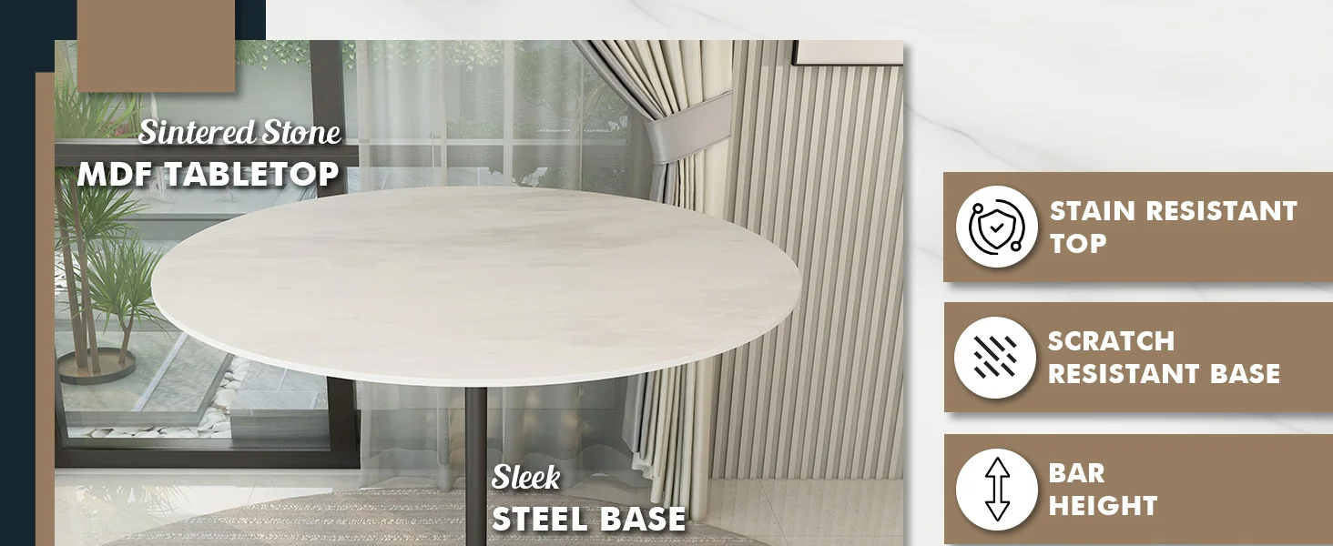 Verve Collection Modern Bar Height Table Black Base with 48" Round Marble White Sintered Stone Top