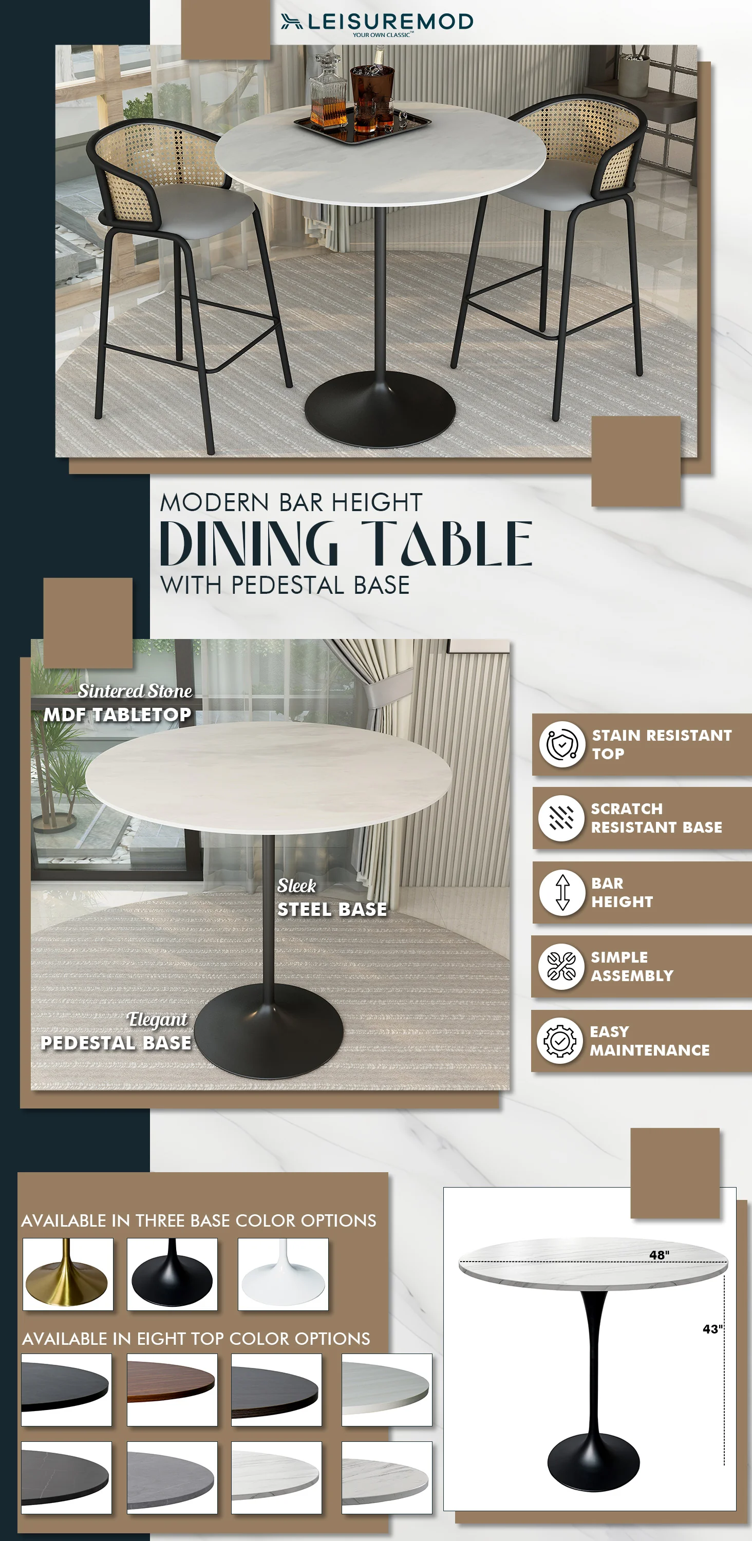 Verve Collection Modern Bar Height Table Black Base with 48" Round Marble White Sintered Stone Top