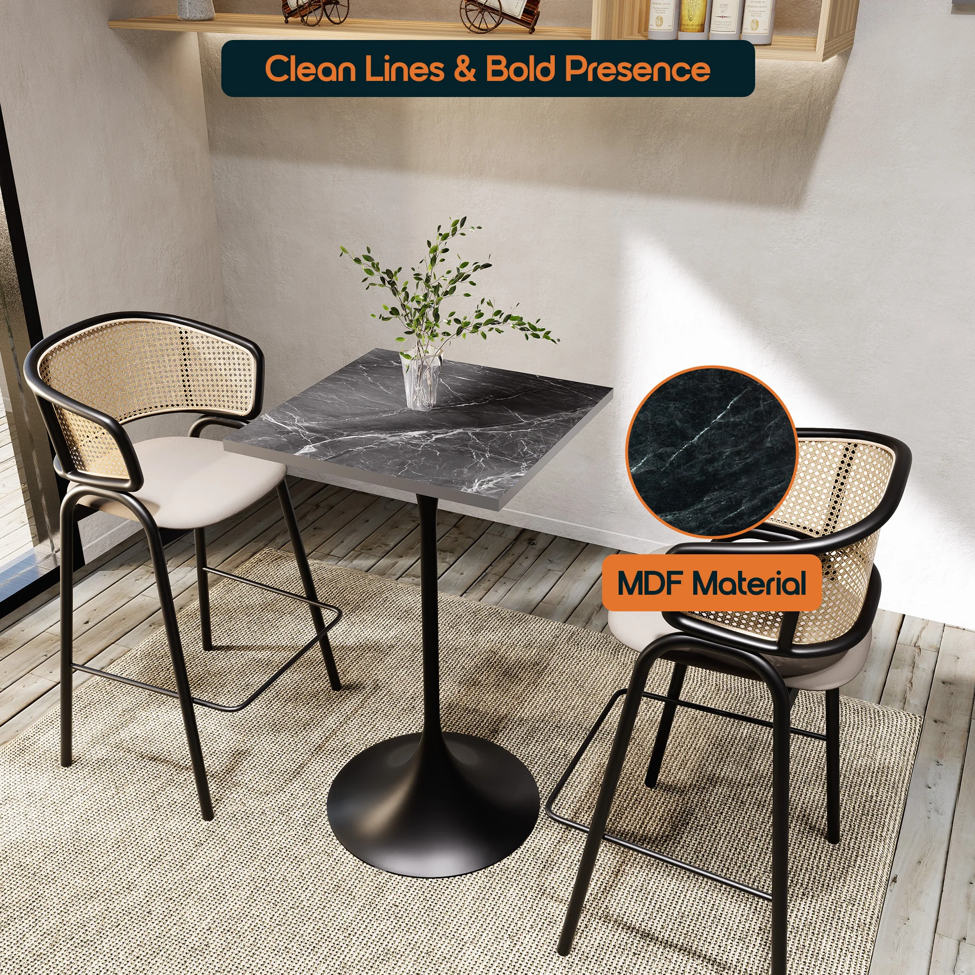 Verve Collection 24 Square Top Bar Height Table, Black Base with Black MDF Top