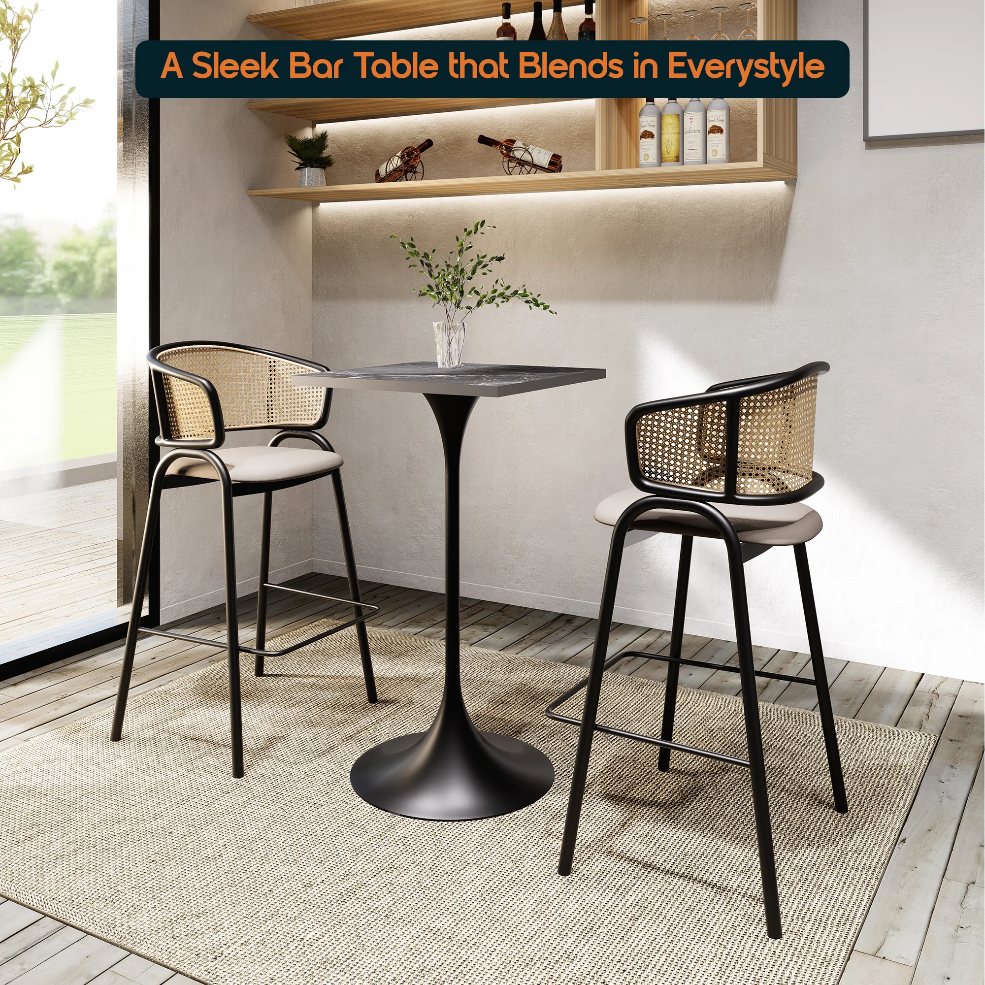 Verve Collection 24 Square Top Bar Height Table, Black Base with Black MDF Top