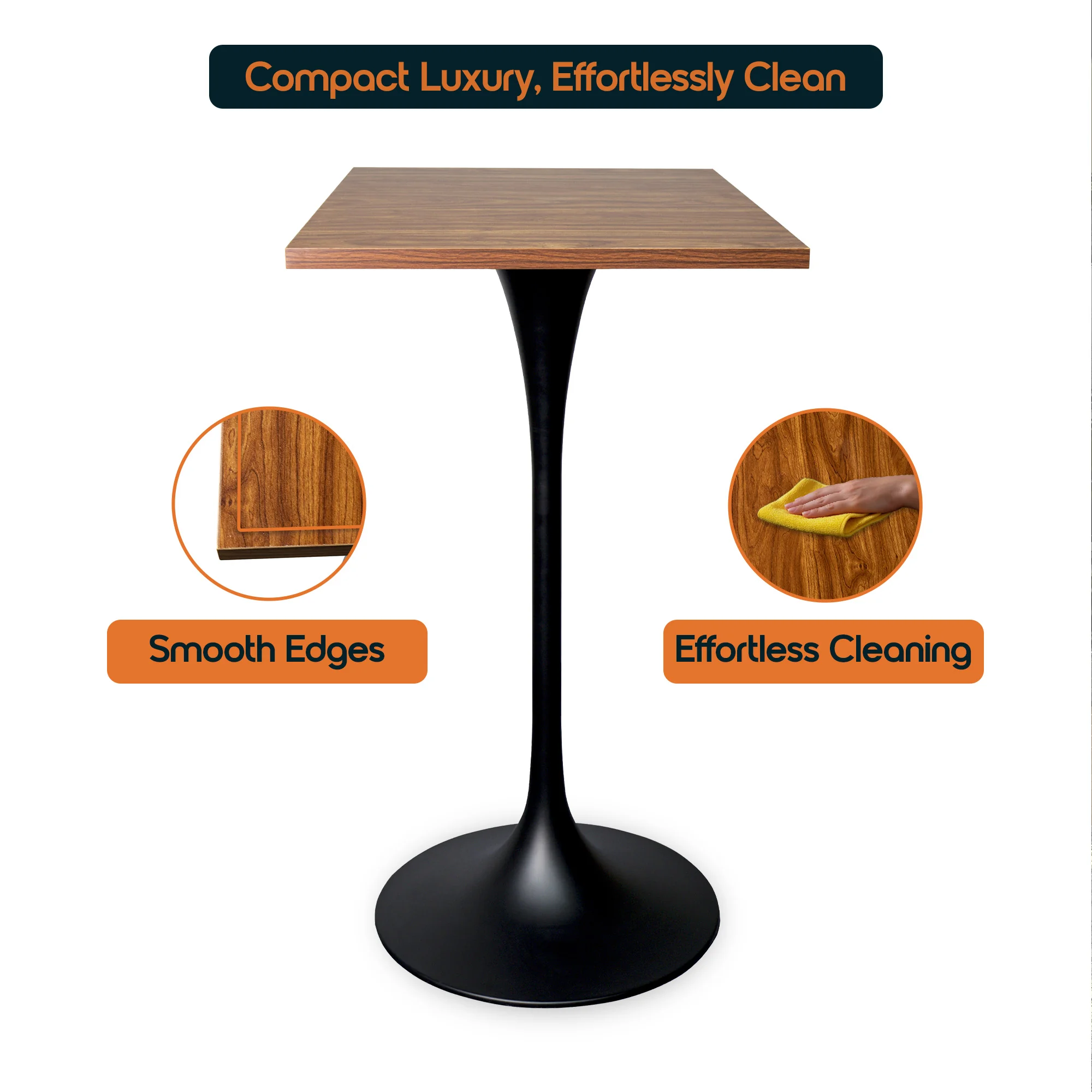 Verve Collection 24 Square Top Bar Height Table, Black Base with Cognac Brown MDF Top