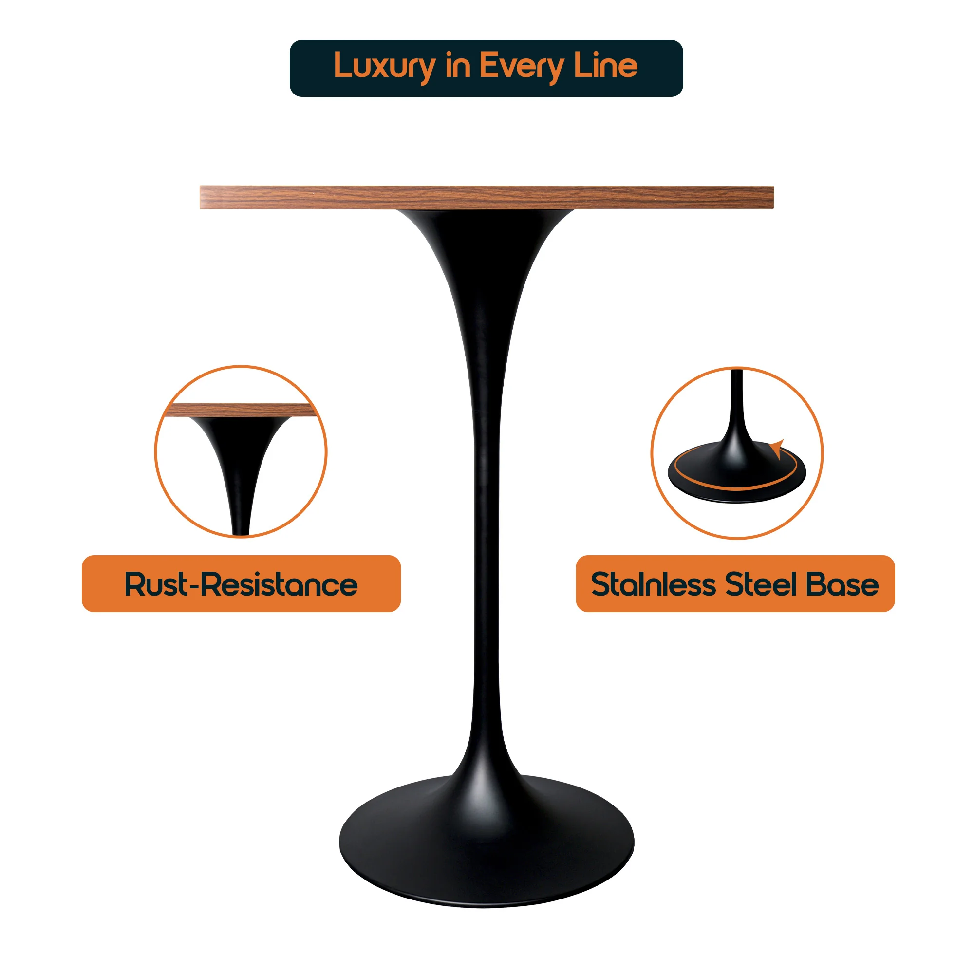 Verve Collection 24 Square Top Bar Height Table, Black Base with Cognac Brown MDF Top