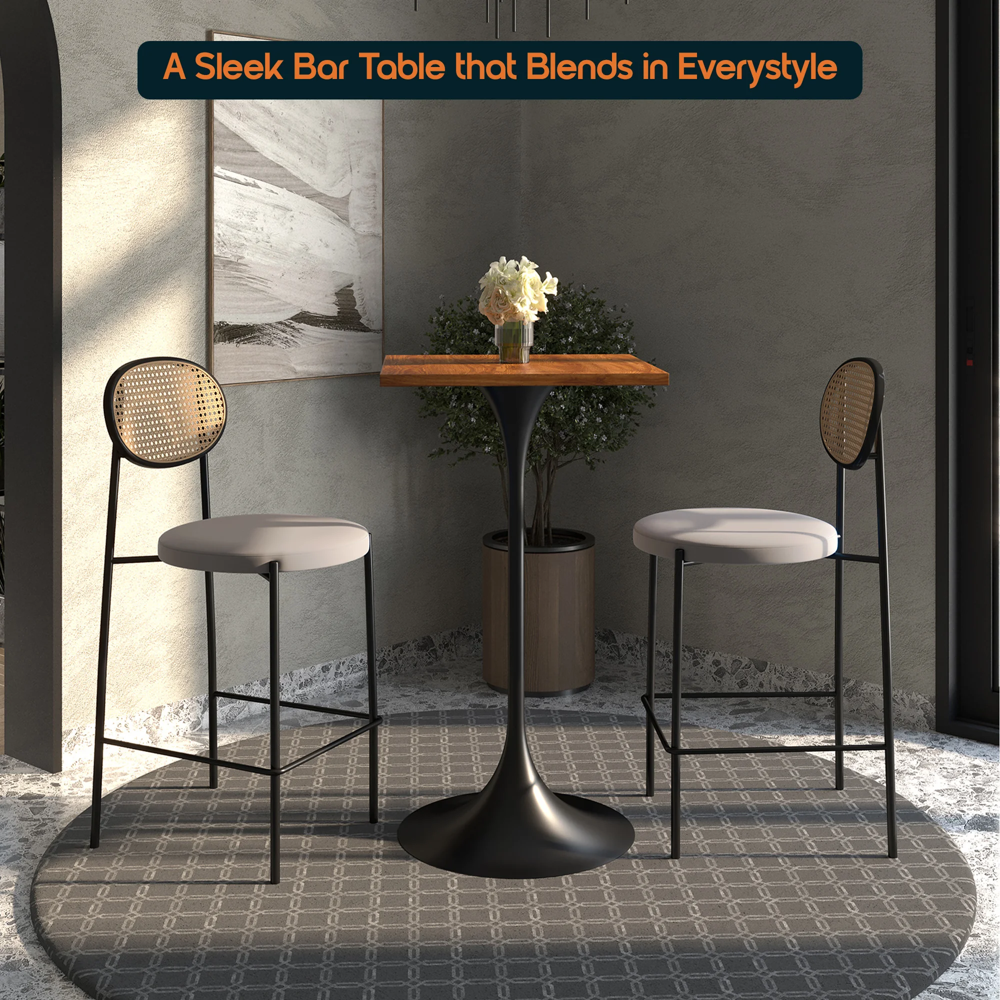 Verve Collection 24 Square Top Bar Height Table, Black Base with Cognac Brown MDF Top