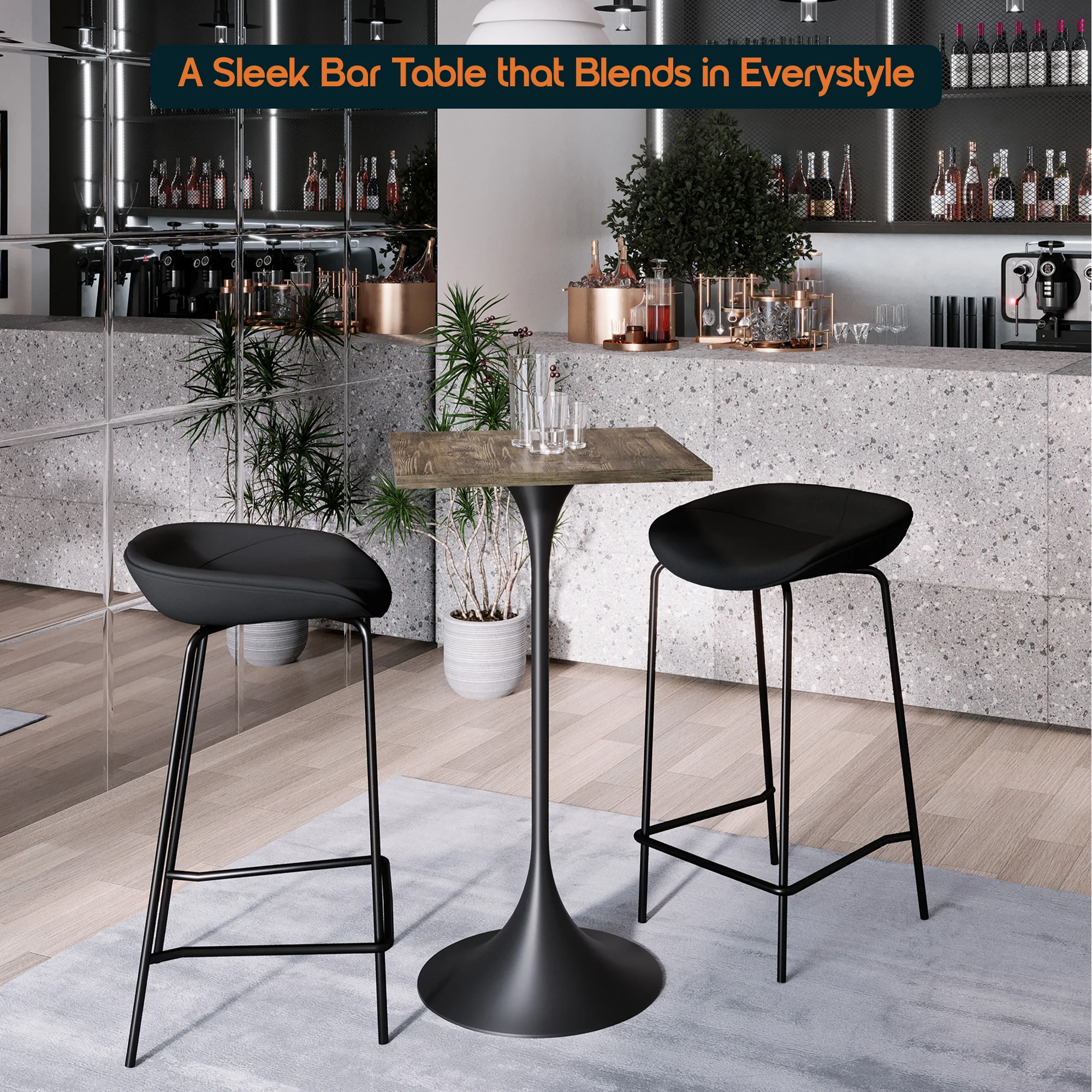 Verve Collection 24 Square Top Bar Height Table, Black Base with Dark Maple MDF Top