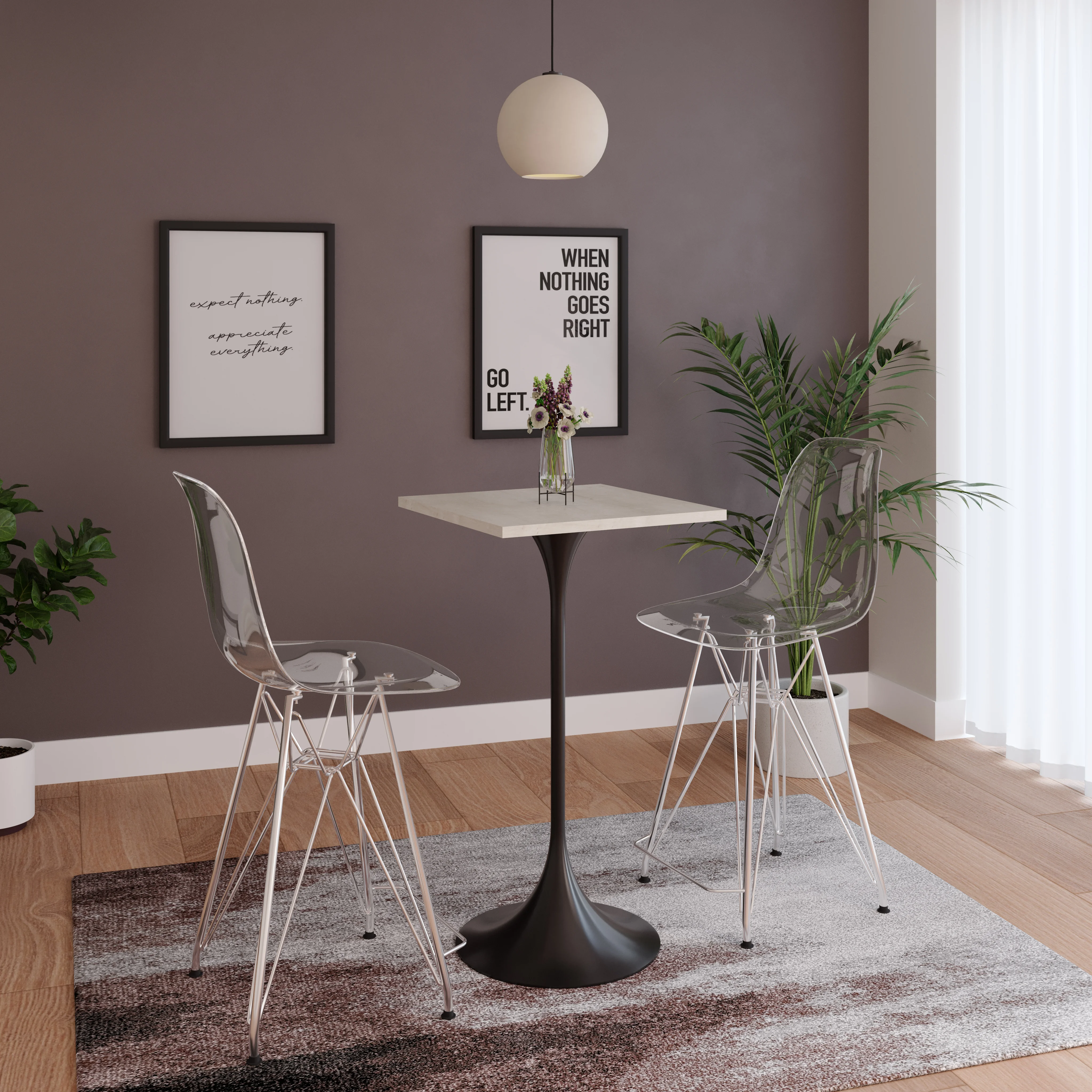 Verve Collection 24 Square Top Bar Height Table, Black Base with Light Natural Wood MDF Top