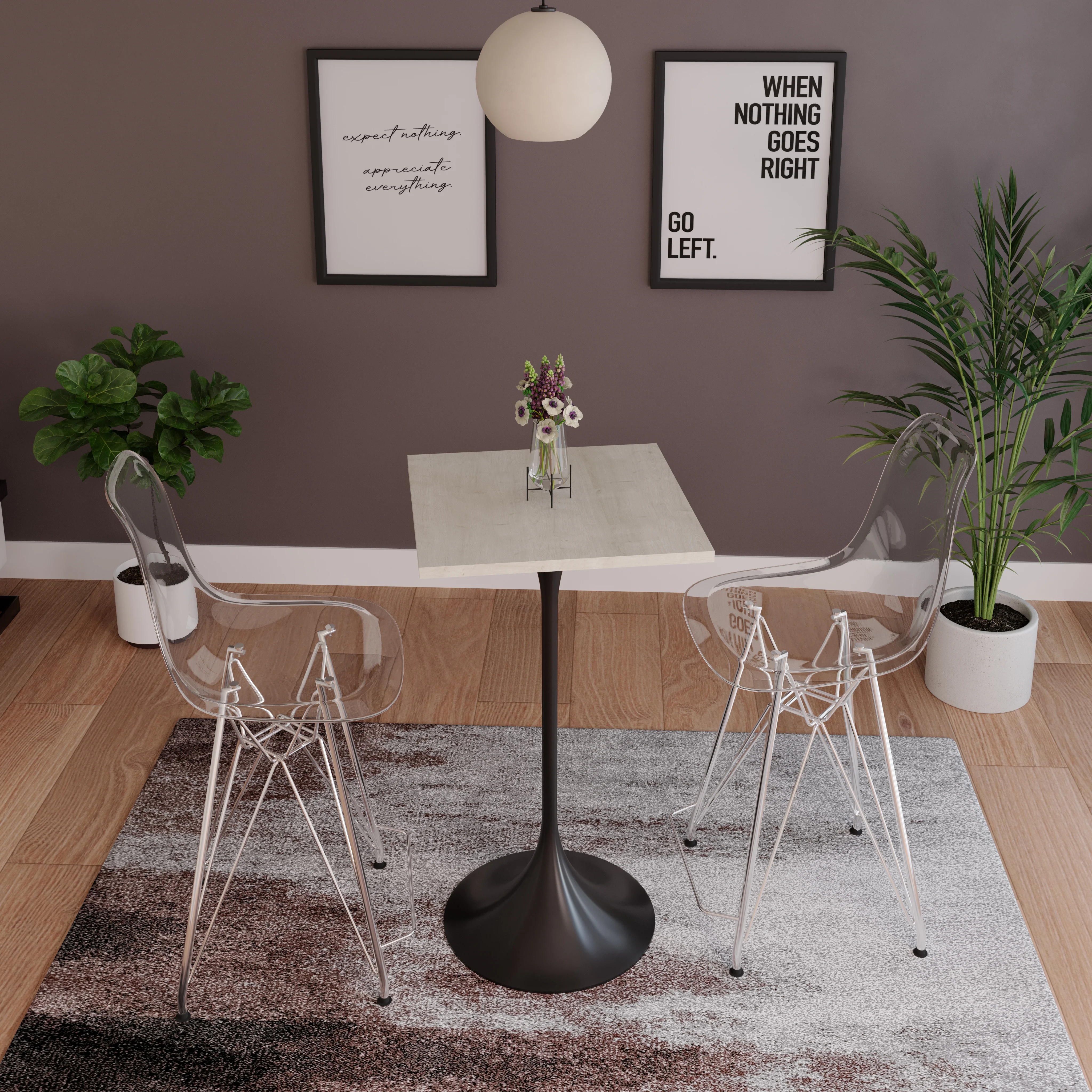 Verve Collection 24 Square Top Bar Height Table, Black Base with Light Natural Wood MDF Top