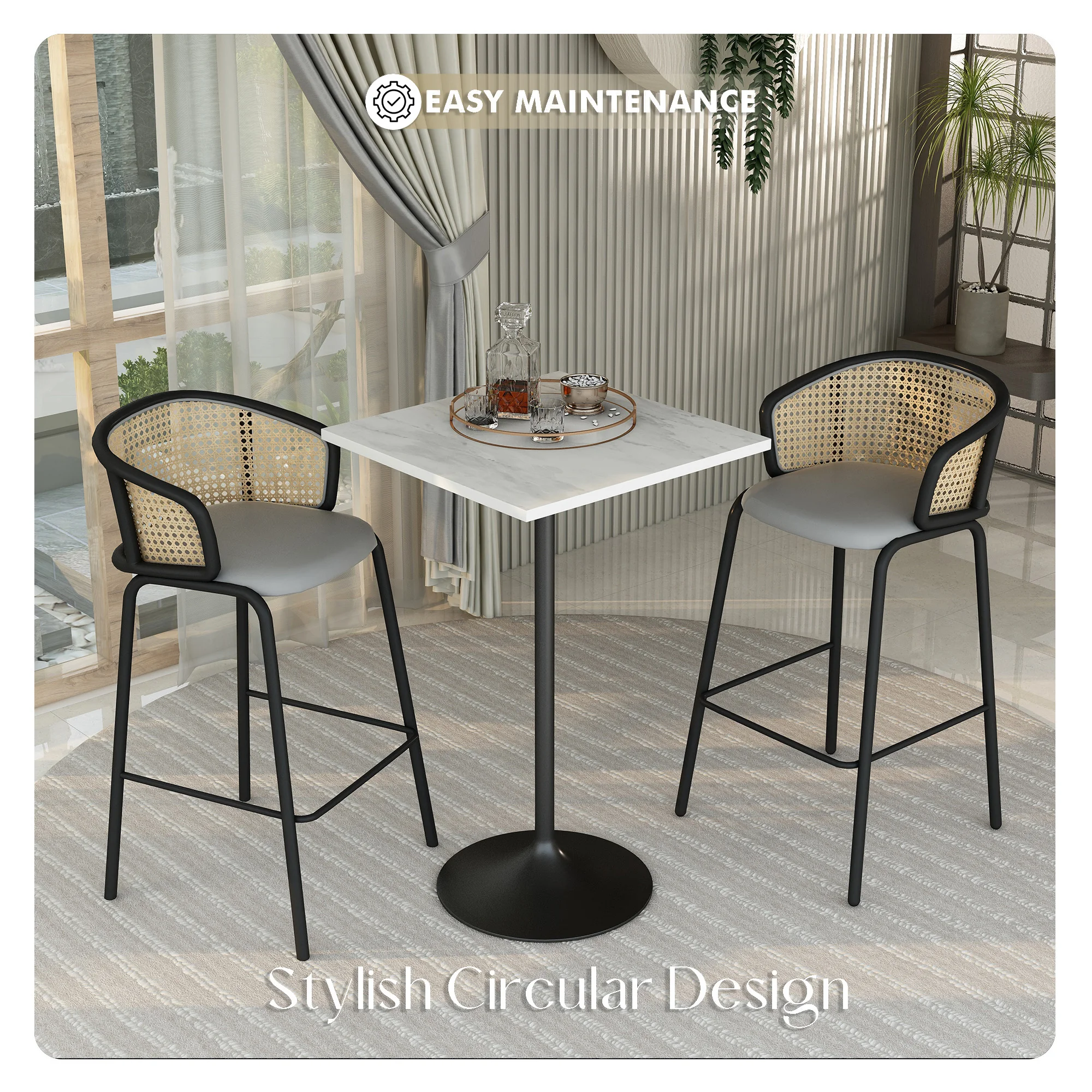 Verve Collection Modern Bar Height Table Black Base with 27" Square Marbleized White Laminated  Top