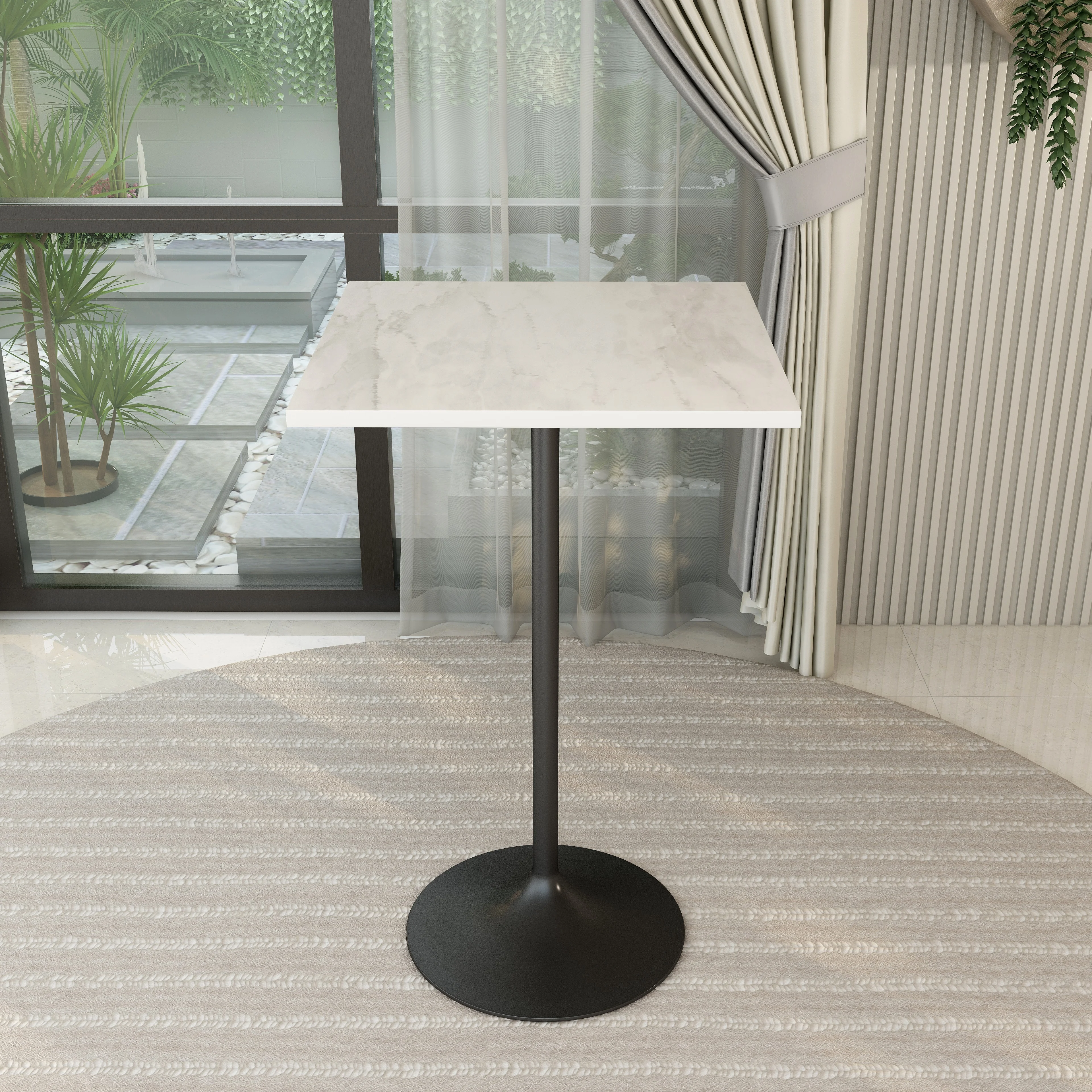 Verve Collection Modern Bar Height Table Black Base with 27" Square Marbleized White Laminated  Top