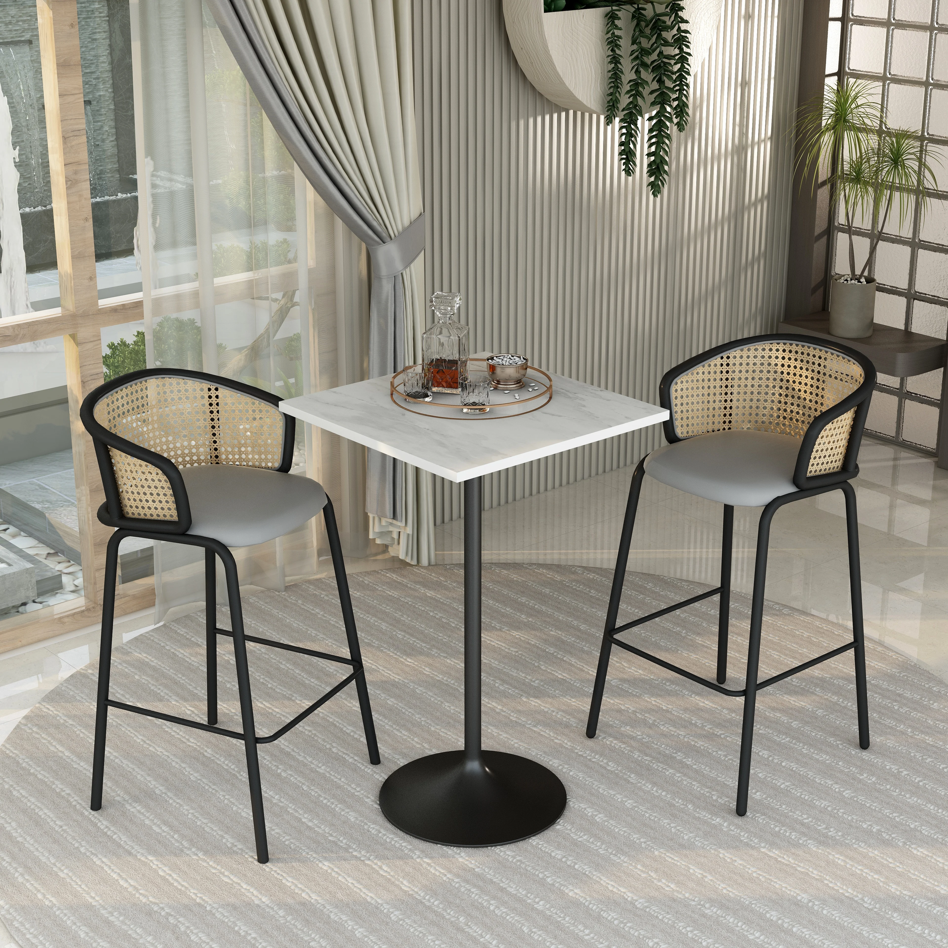 Verve Collection Modern Bar Height Table Black Base with 27" Square Marbleized White Laminated  Top