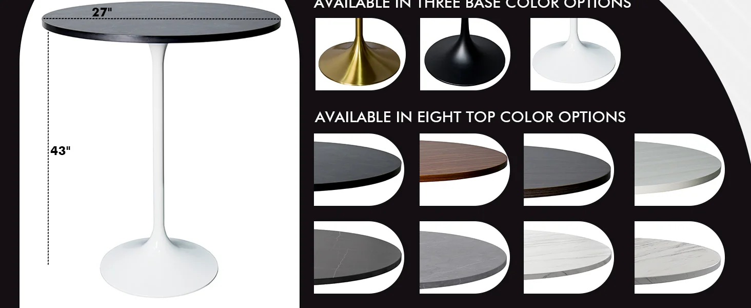 Verve Collection Modern Bar Height Table White Base with 27" Round Black Marbelized MDF Top