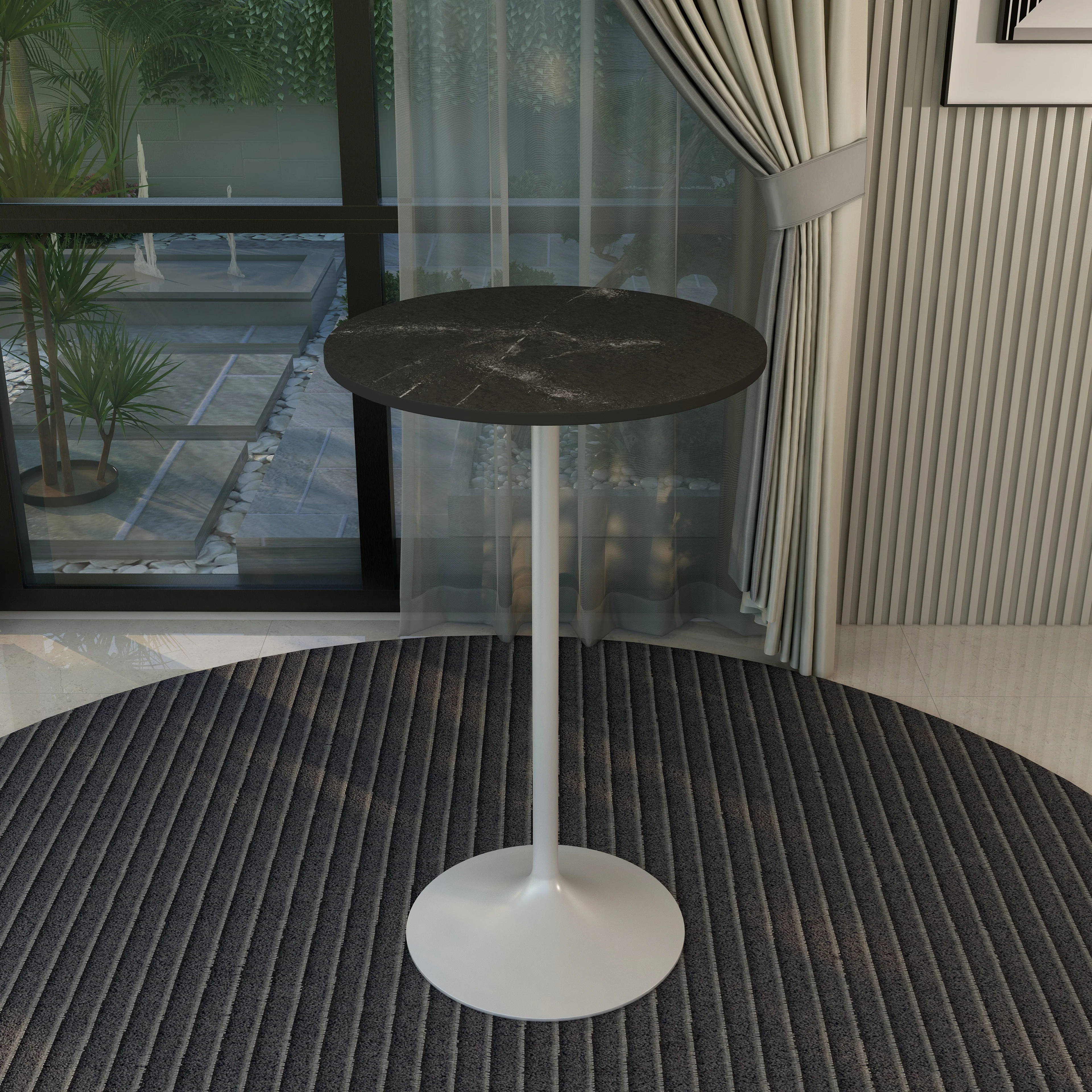 Verve Collection Modern Bar Height Table White Base with 27" Round Black Marbelized MDF Top