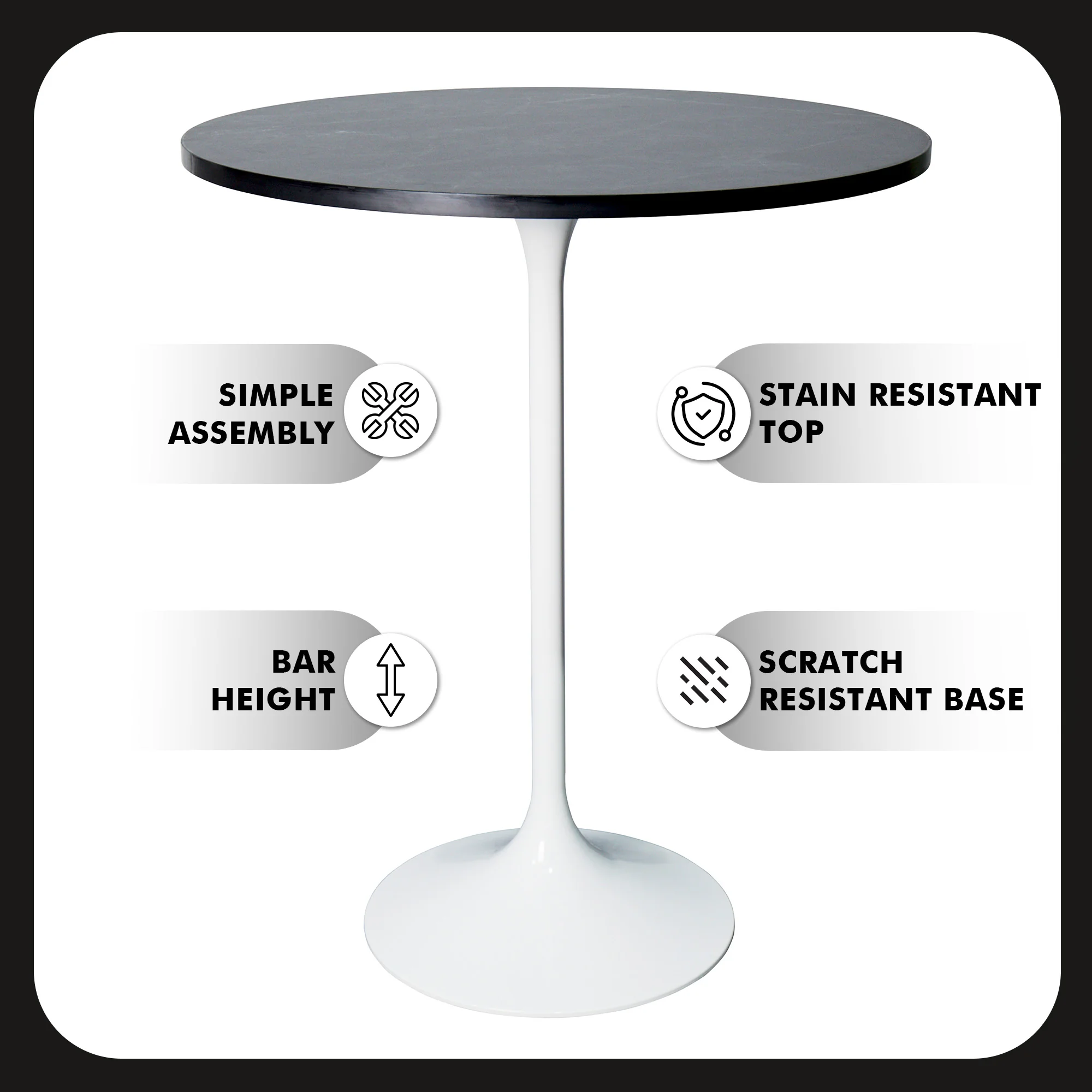 Verve Collection Modern Bar Height Table White Base with 27" Round Black Marbelized MDF Top