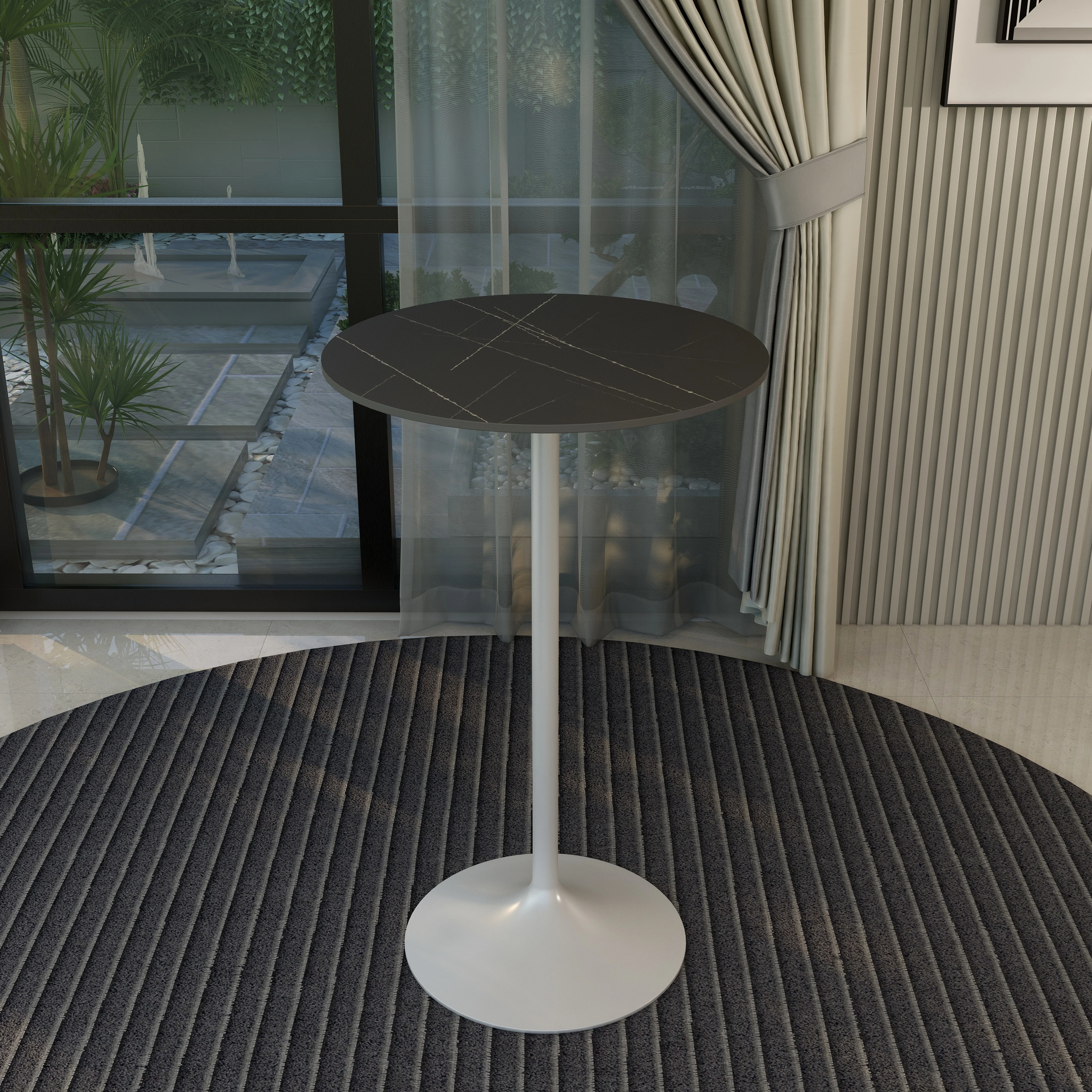 Verve Collection Modern Bar Height Table White Base with 27" Round Black Marbelized Sintered Stone Top