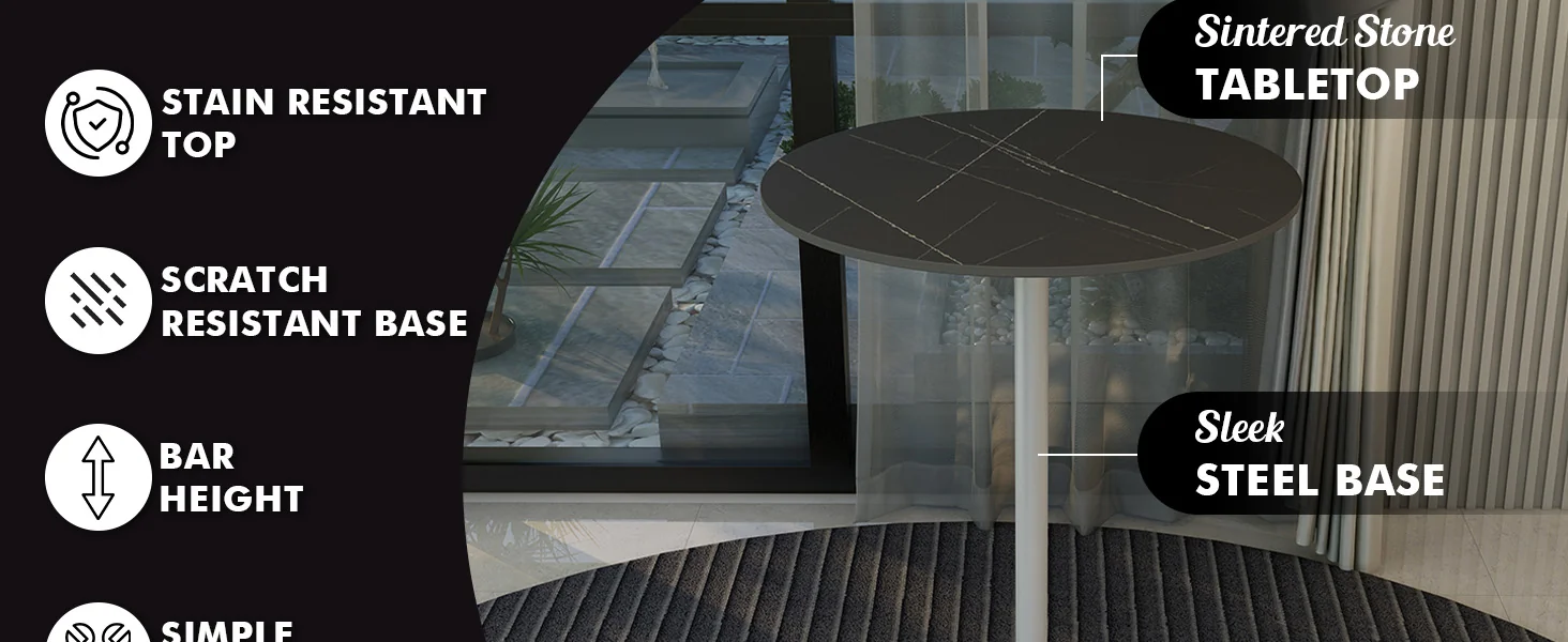 Verve Collection Modern Bar Height Table White Base with 27" Round Black Marbelized Sintered Stone Top