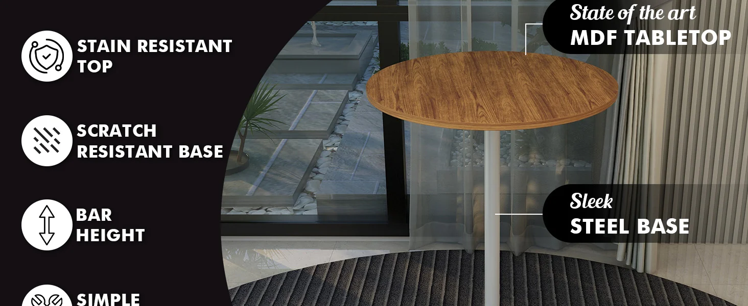 Verve Collection Modern Bar Height Table White Base with 27" Round Cognac Brown MDF Top