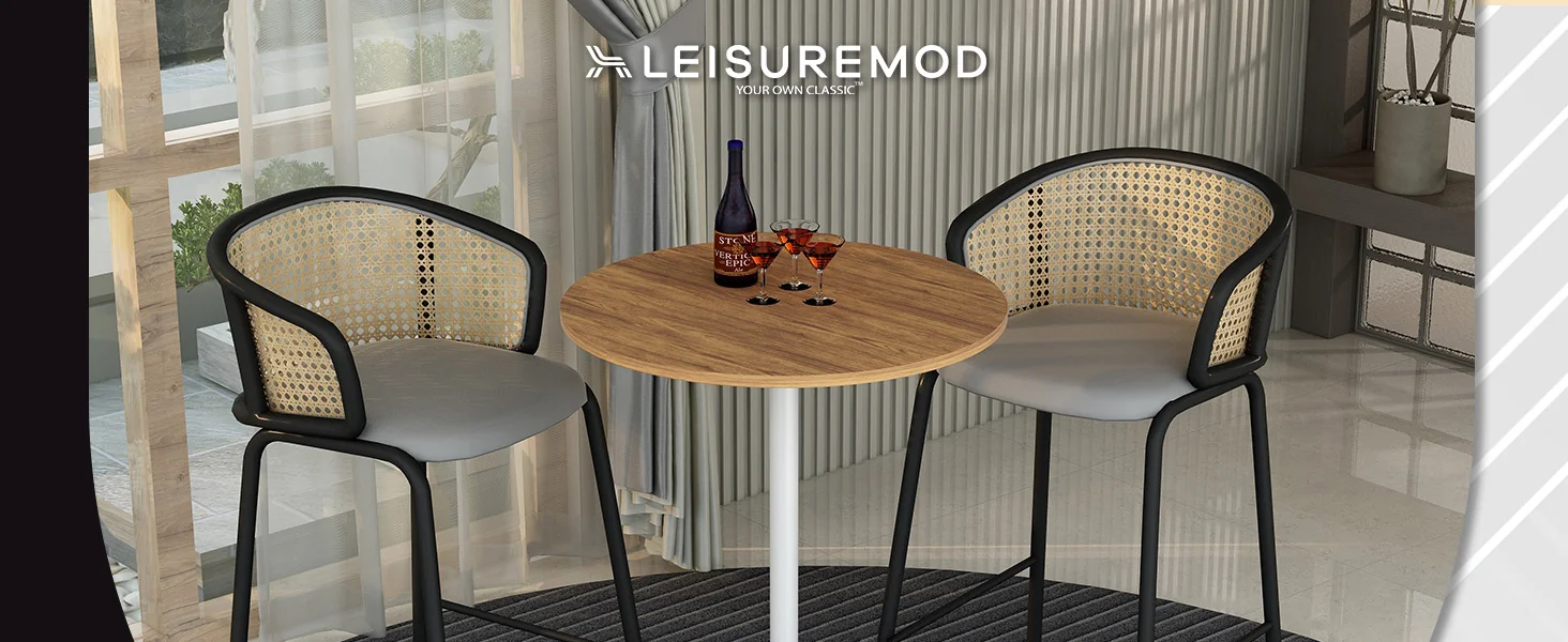 Verve Collection Modern Bar Height Table White Base with 27" Round Cognac Brown MDF Top