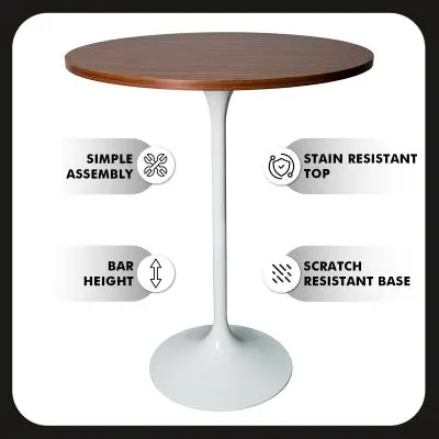 Verve Collection Modern Bar Height Table White Base with 27" Round Cognac Brown MDF Top