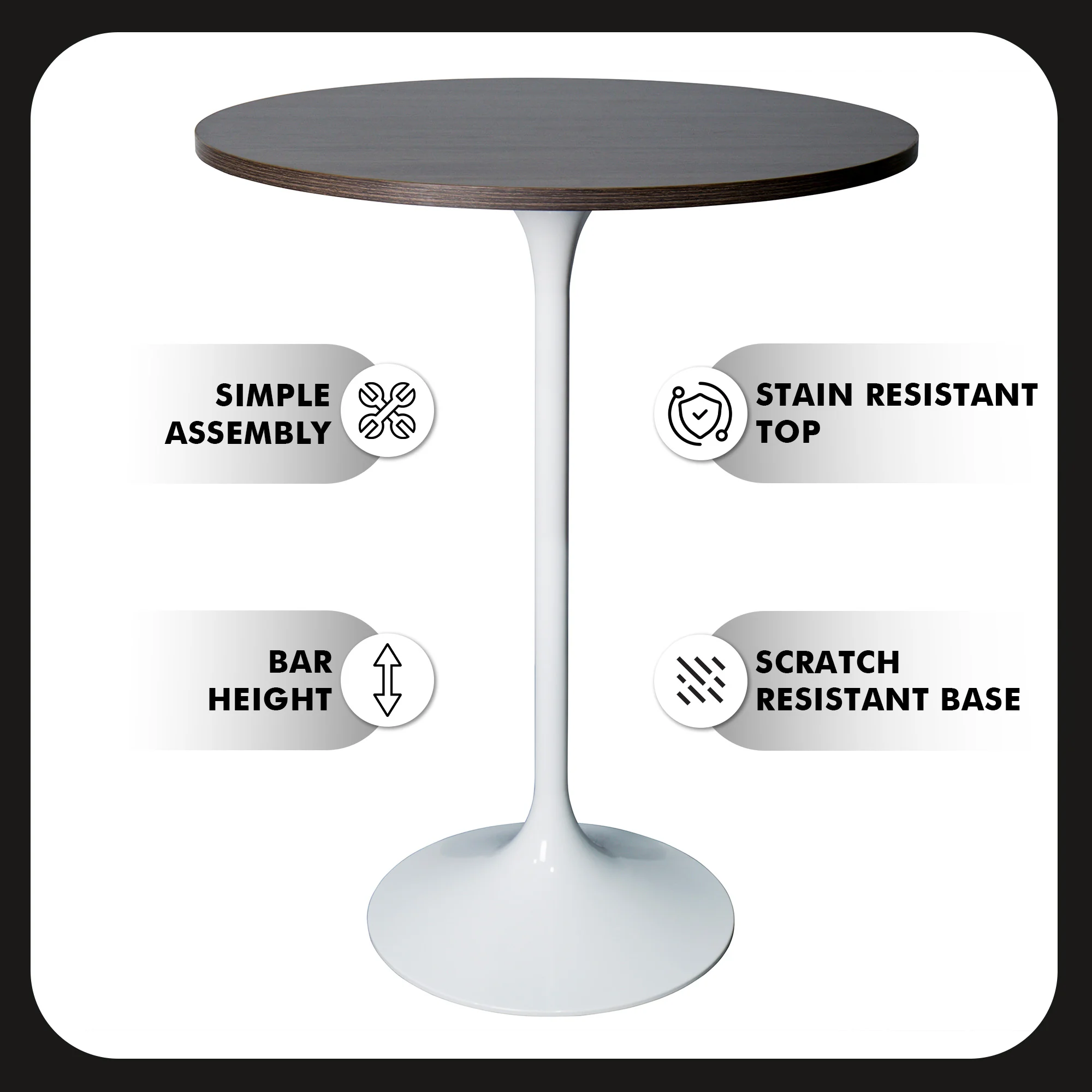 Verve Collection Modern Bar Height Table White Base with 27" Round Dark Walnut MDF Top