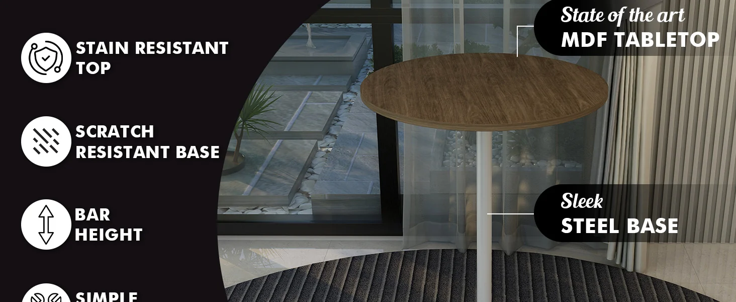 Verve Collection Modern Bar Height Table White Base with 27" Round Dark Walnut MDF Top