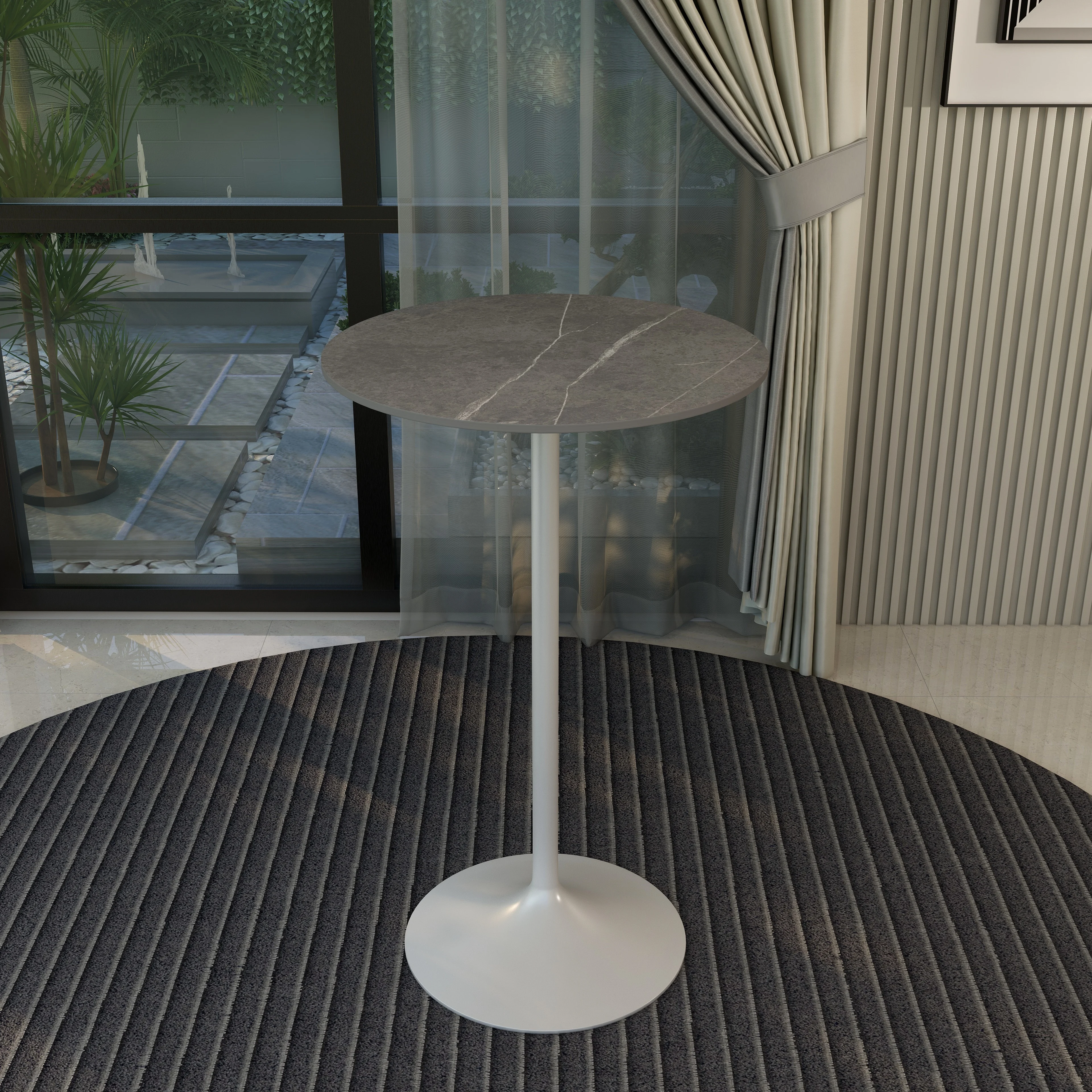 Verve Collection Modern Bar Height Table White Base with 27" Round Marble Grey Sintered Stone Top