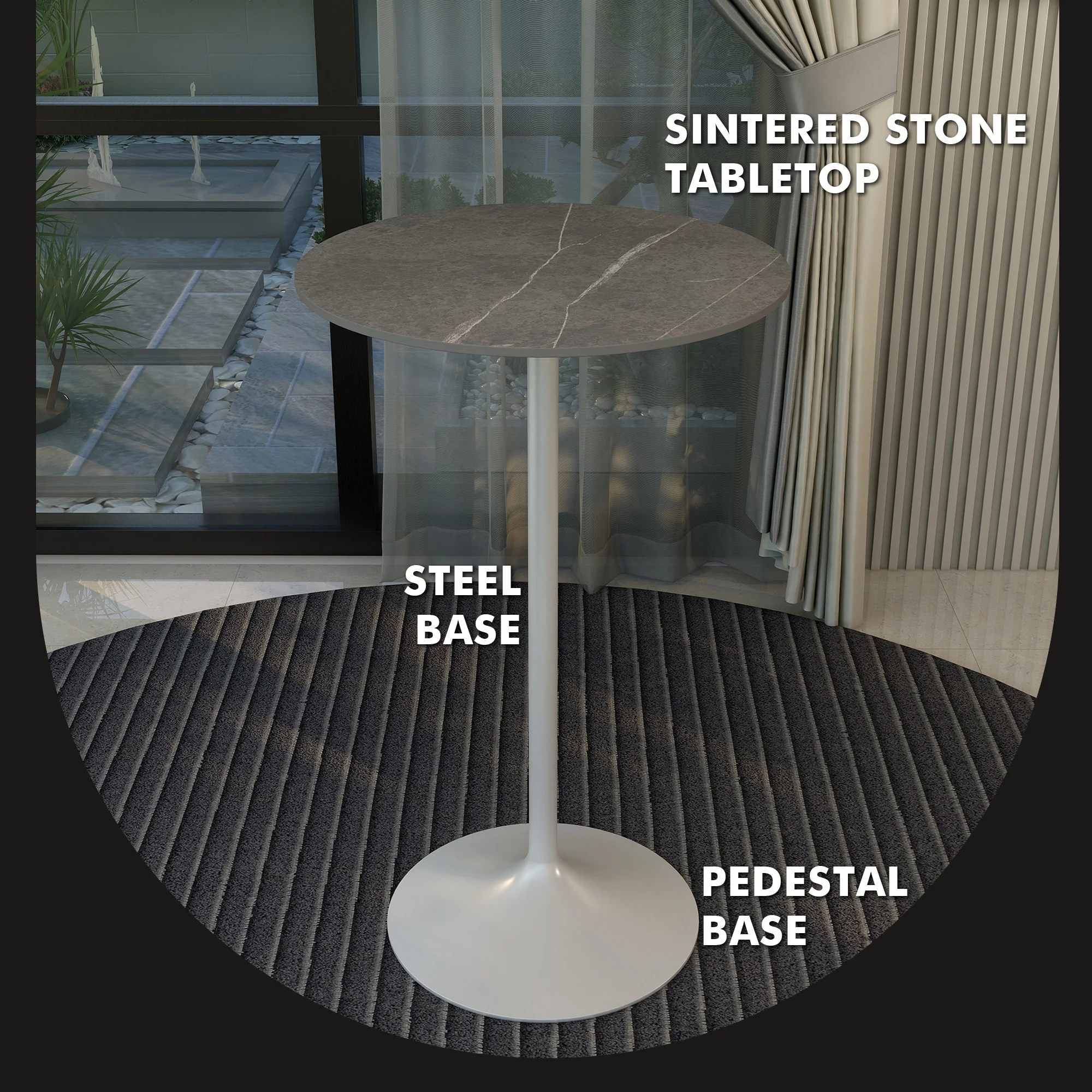 Verve Collection Modern Bar Height Table White Base with 27" Round Marble Grey Sintered Stone Top