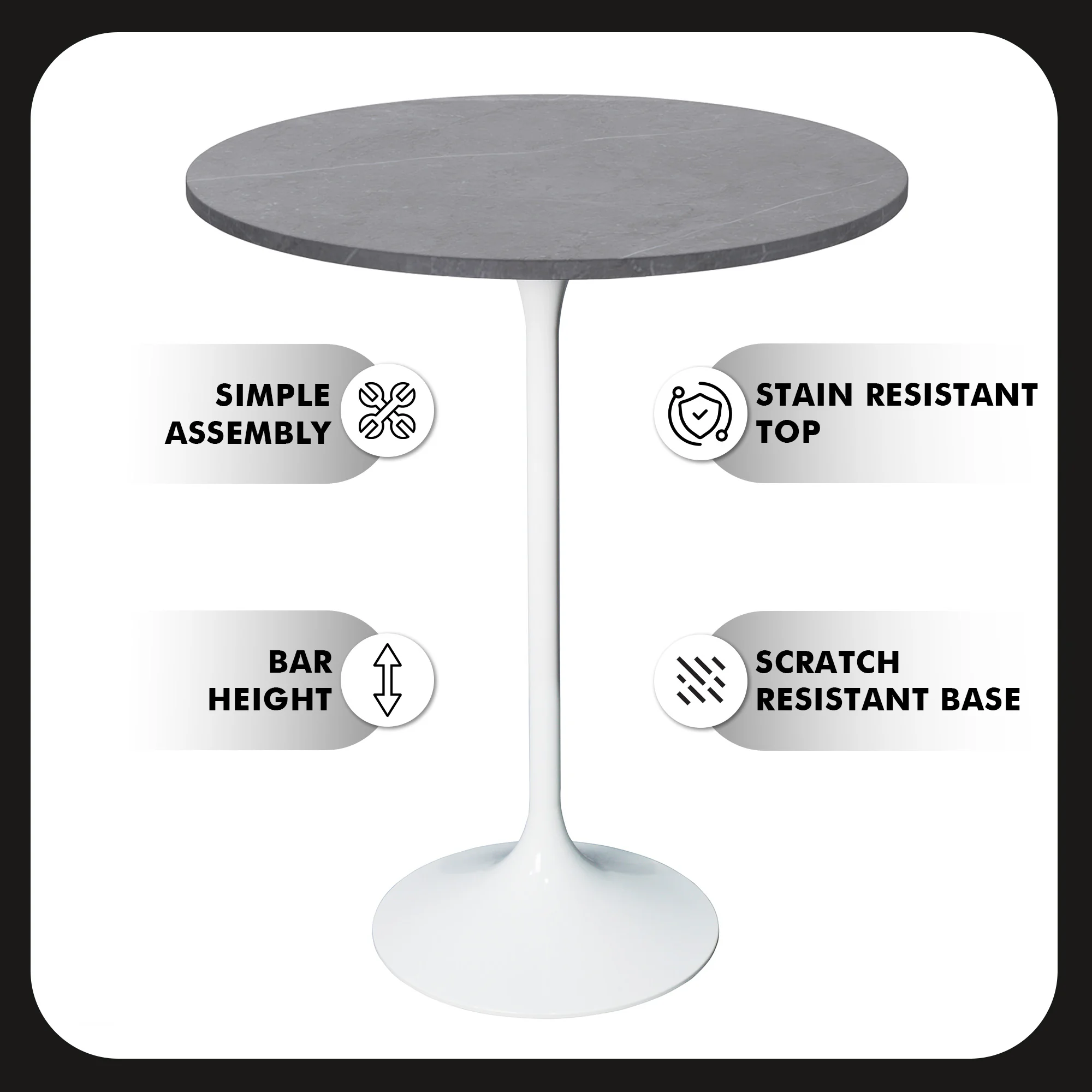 Verve Collection Modern Bar Height Table White Base with 27" Round Marble Grey Sintered Stone Top