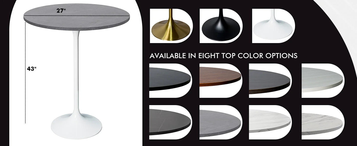 Verve Collection Modern Bar Height Table White Base with 27" Round Marble Grey Sintered Stone Top