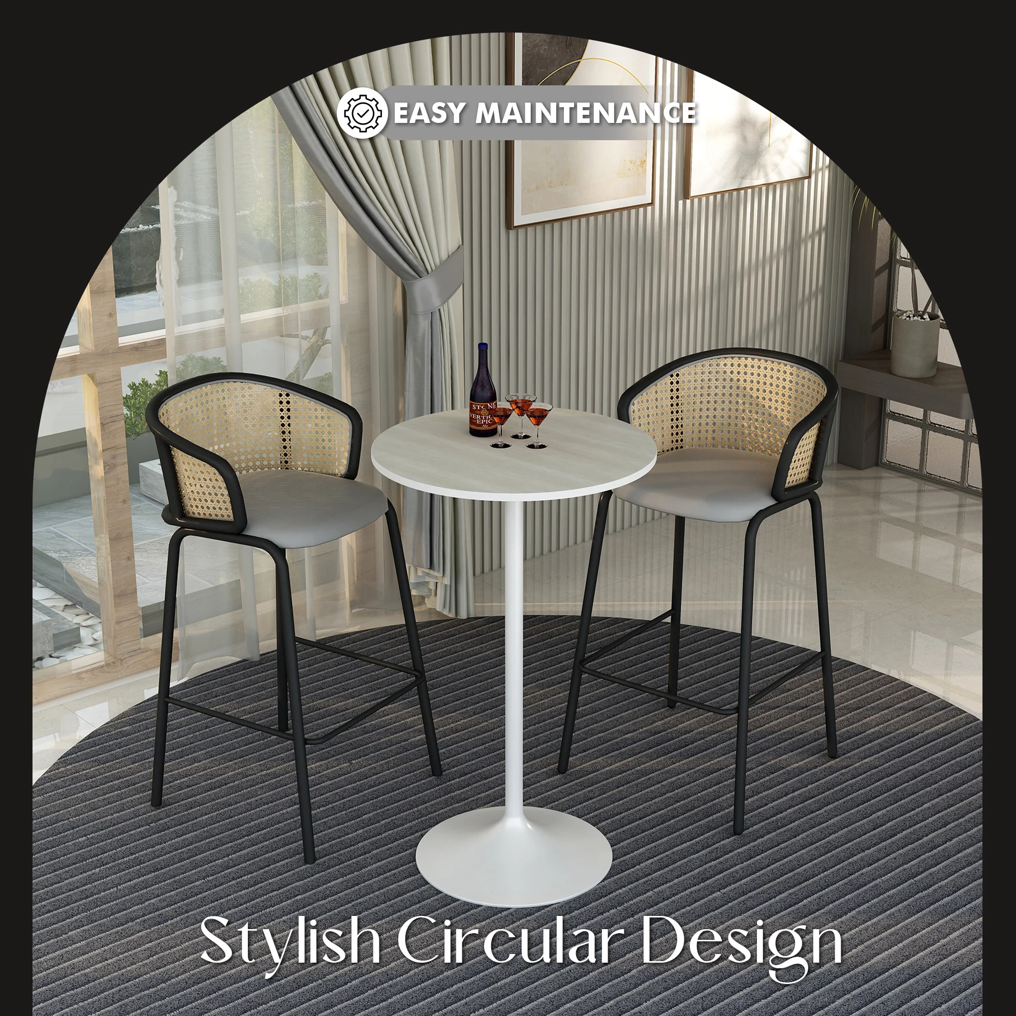 Verve Collection Modern Bar Height Table White Base with 27" Round Light Natural Wood MDF Top