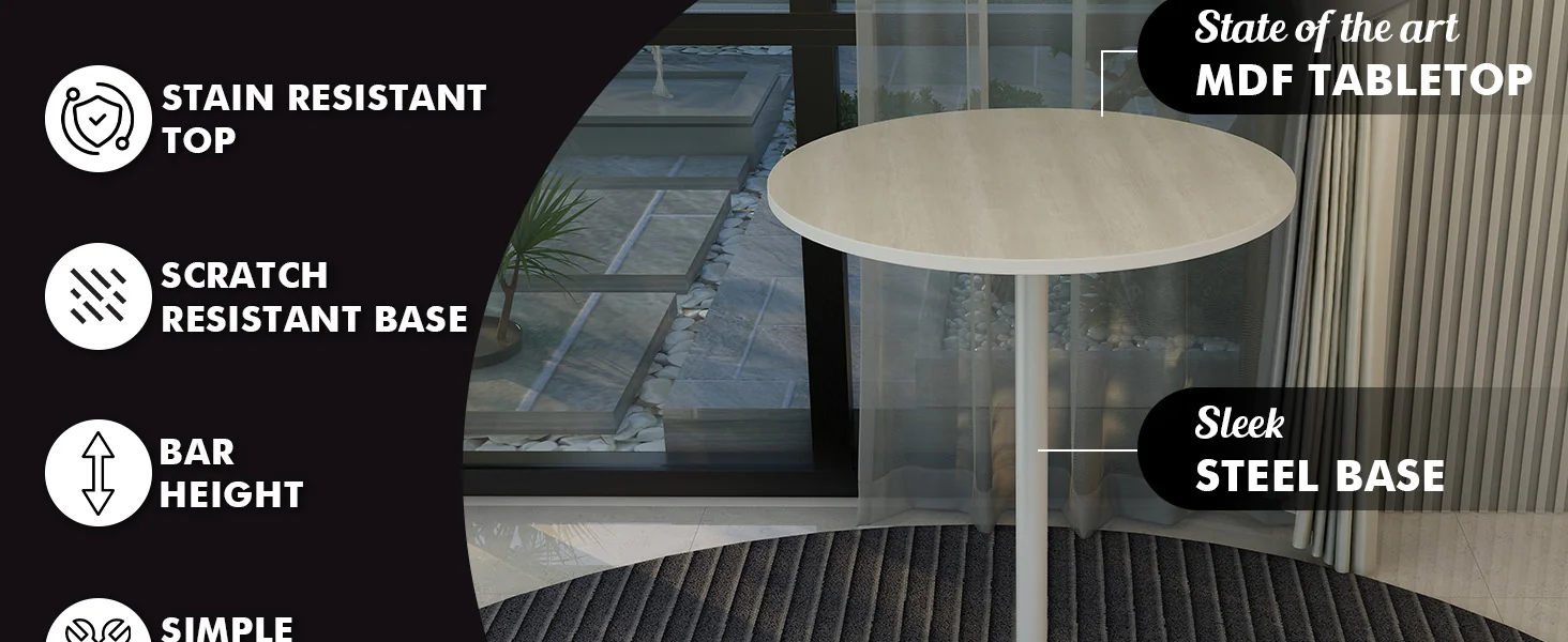 Verve Collection Modern Bar Height Table White Base with 27" Round Light Natural Wood MDF Top