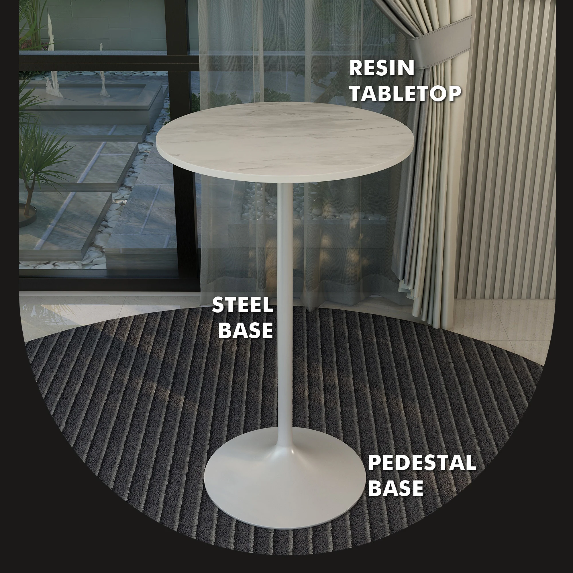 Verve Collection Modern Bar Height Table White Base with 27" Round Marbleized White Laminated Top