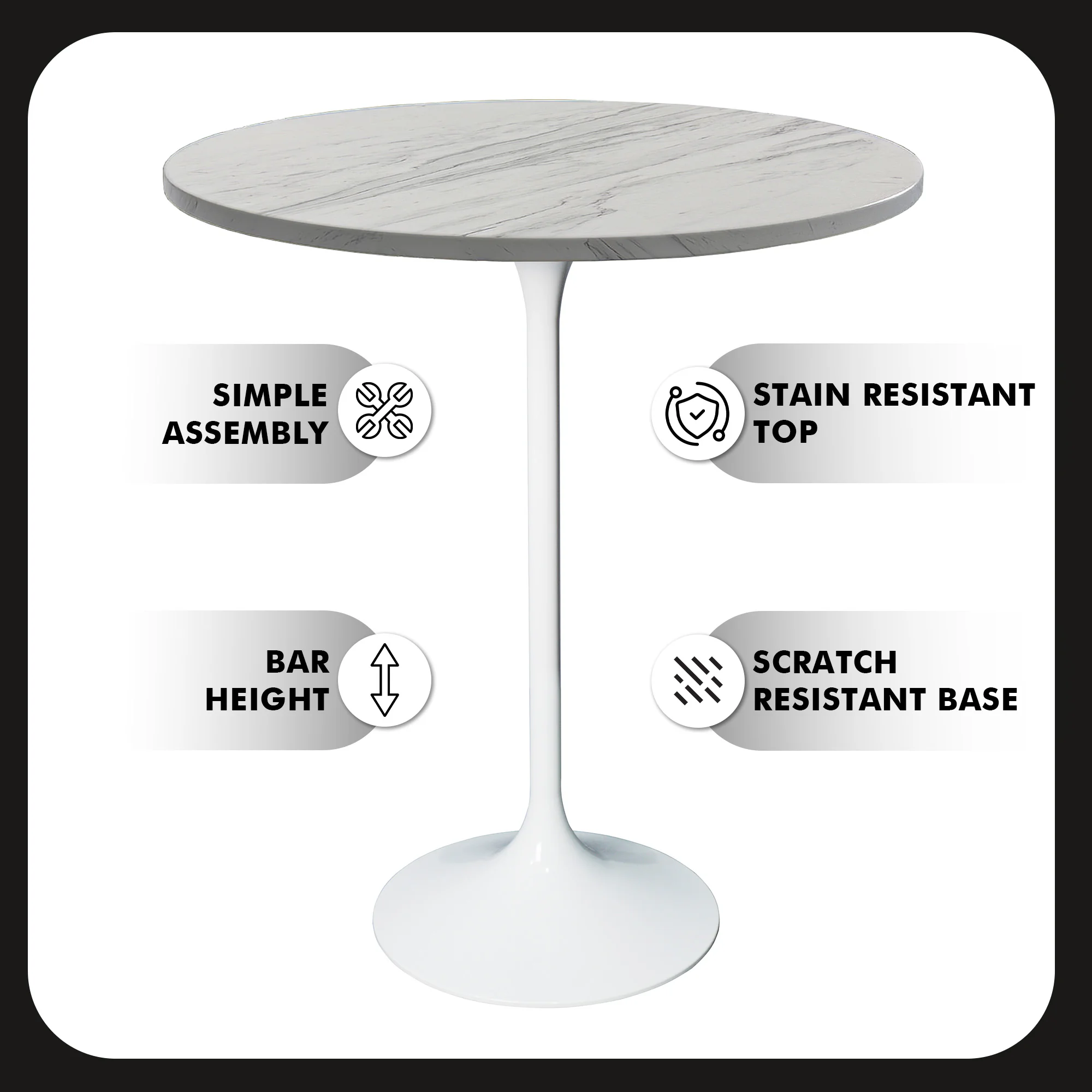 Verve Collection Modern Bar Height Table White Base with 27" Round Marbleized White Laminated Top