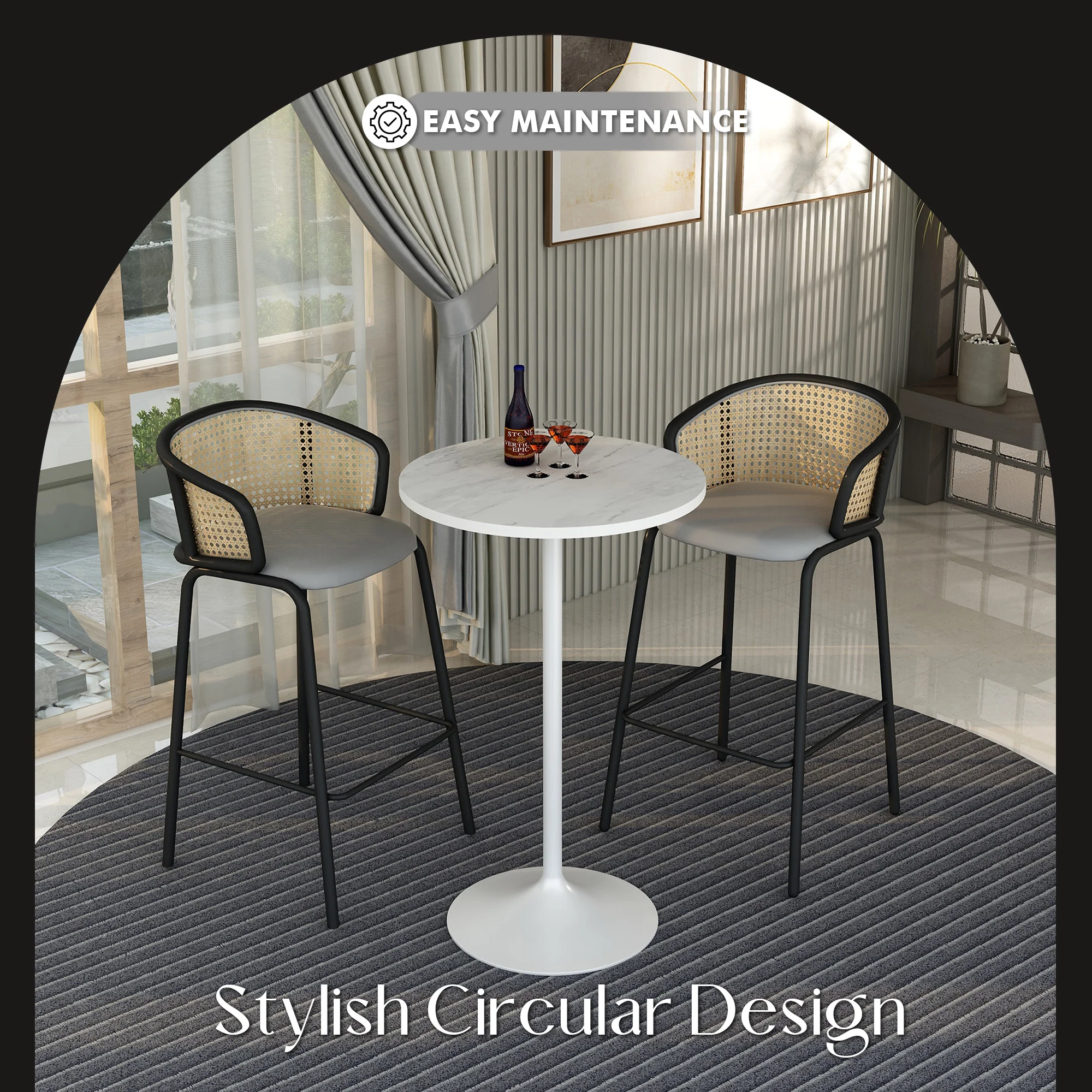 Verve Collection Modern Bar Height Table White Base with 27" Round Marbleized White Laminated Top