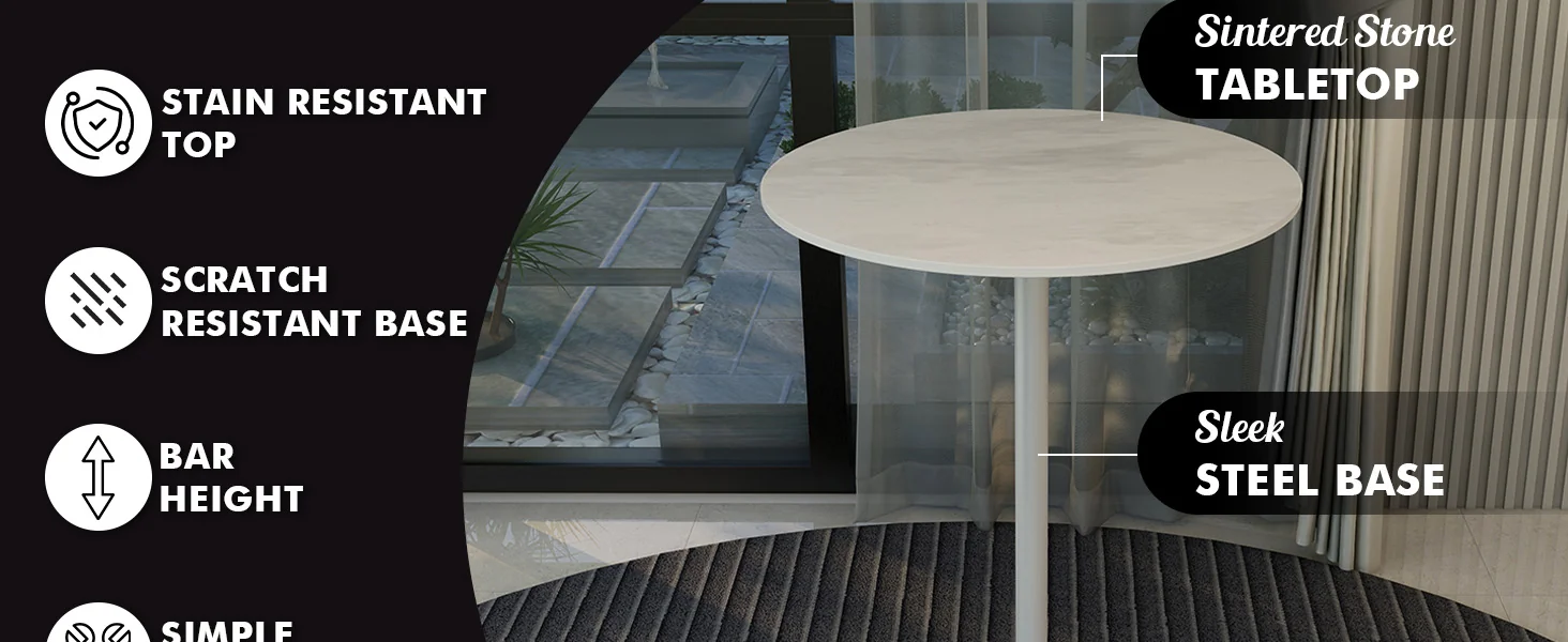 Verve Collection Modern Bar Height Table White Base with 27" Round Marbleized White Laminated Top