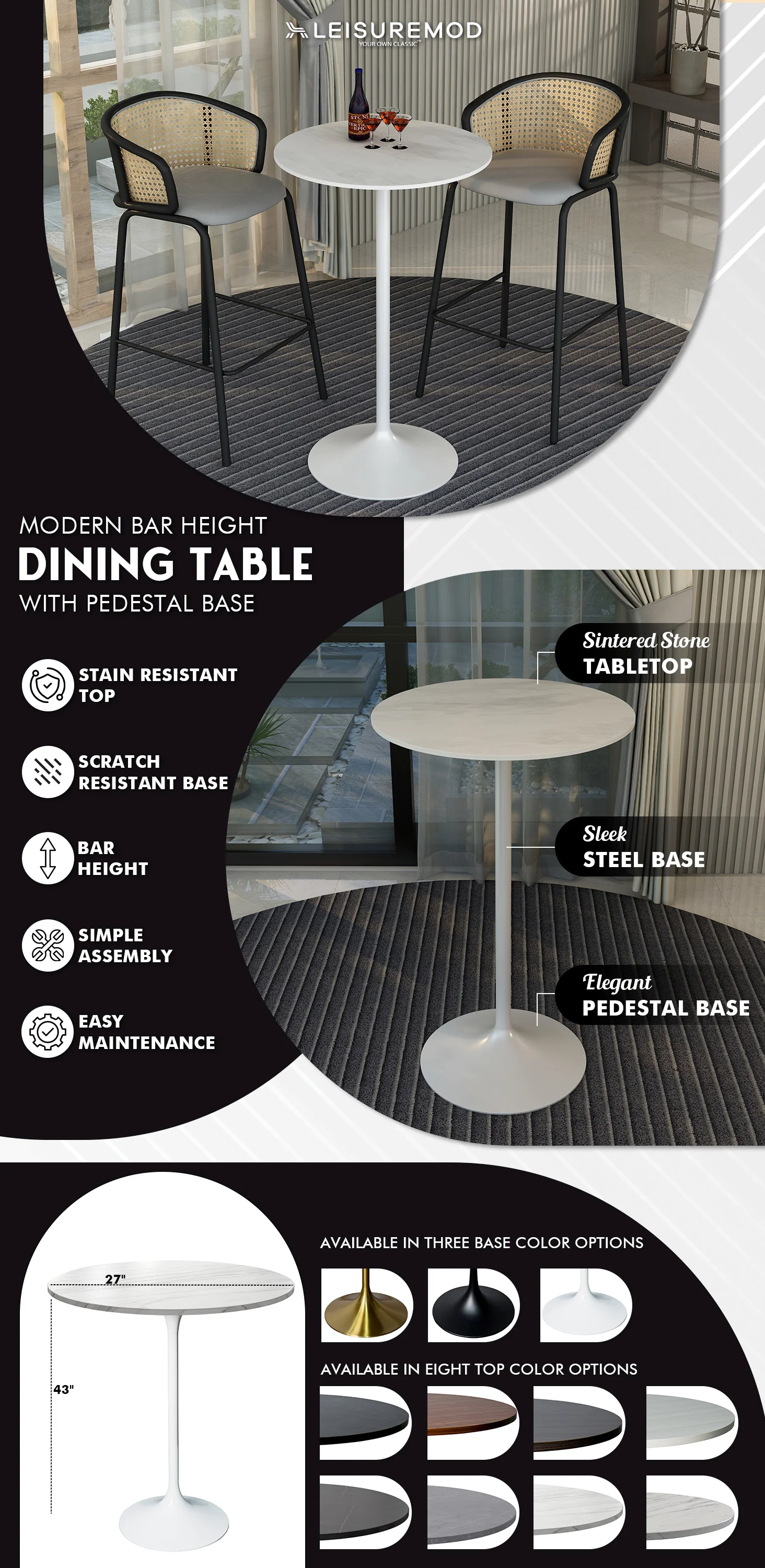 Verve Collection Modern Bar Height Table White Base with 27" Round Marbleized White Laminated Top