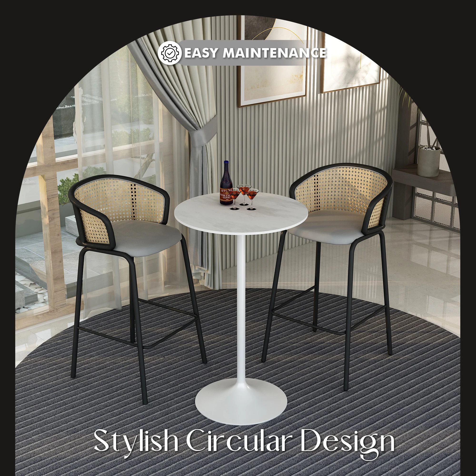 Verve Collection Modern Bar Height Table White Base with 27" Round Marble White Sintered Stone Top