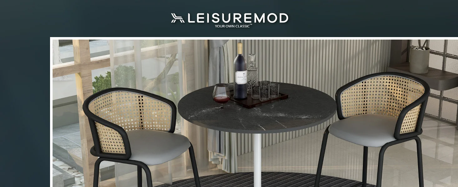 Verve Collection Modern Bar Height Table White Base with 36" Round Black Marbelized MDF Top