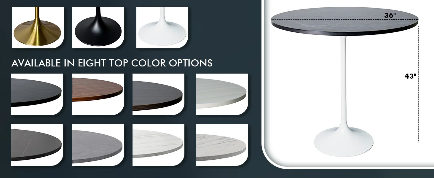 Verve Collection Modern Bar Height Table White Base with 36" Round Black Marbelized MDF Top