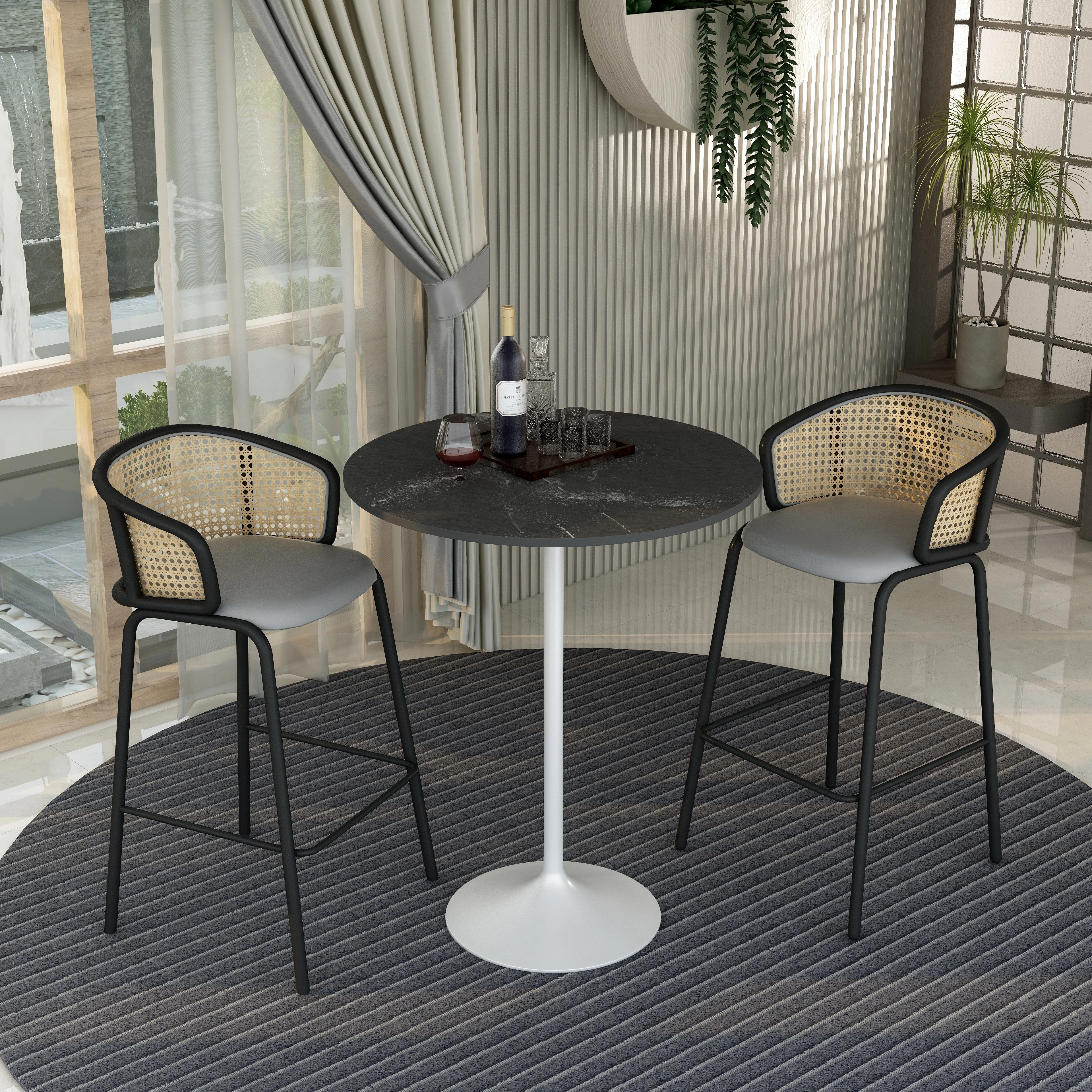 Verve Collection Modern Bar Height Table White Base with 36" Round Black Marbelized MDF Top