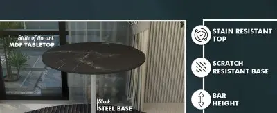 Verve Collection Modern Bar Height Table White Base with 36" Round Black Marbelized MDF Top