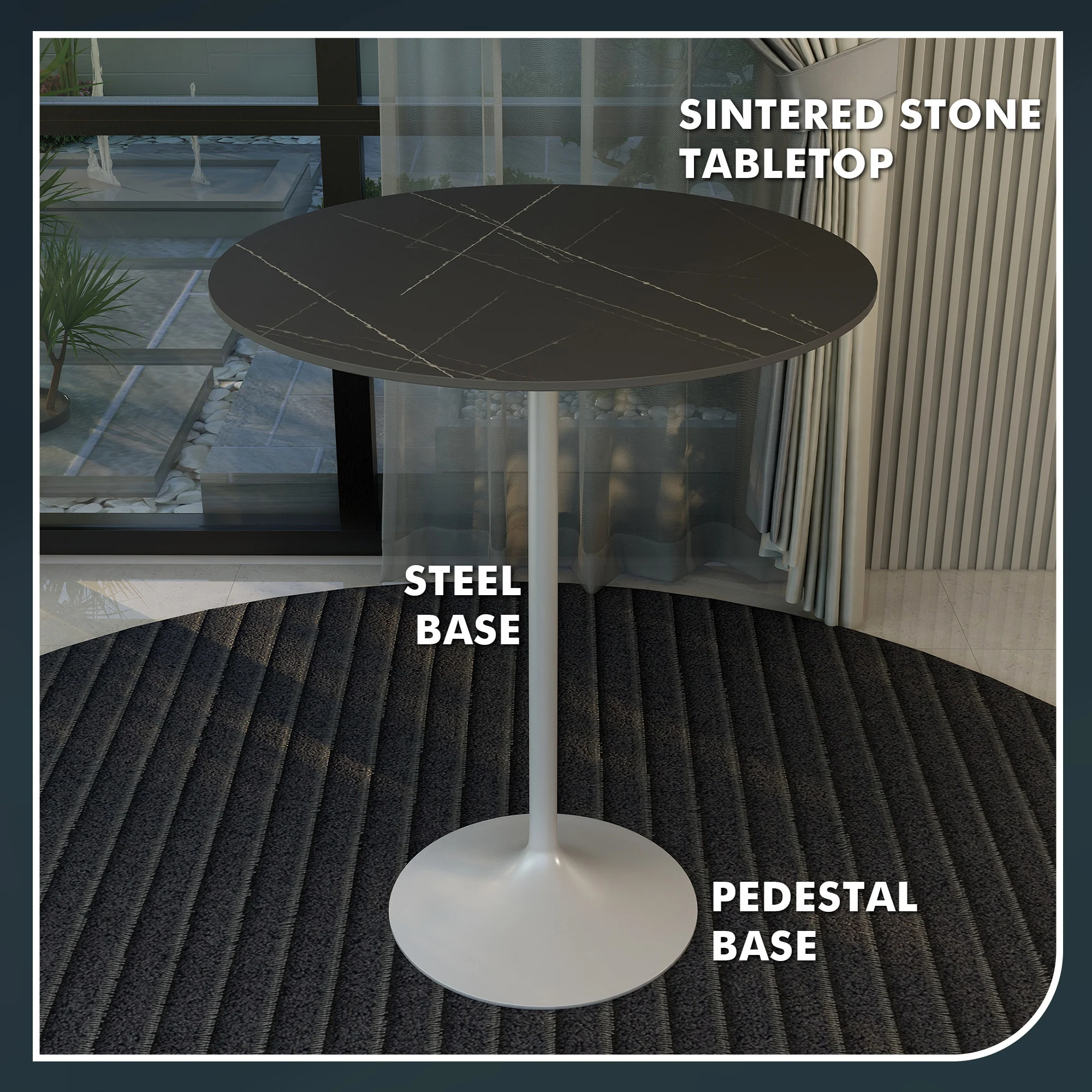 Verve Collection Modern Bar Height Table White Base with 36" Round Black Marbelized Sintered Stone Top